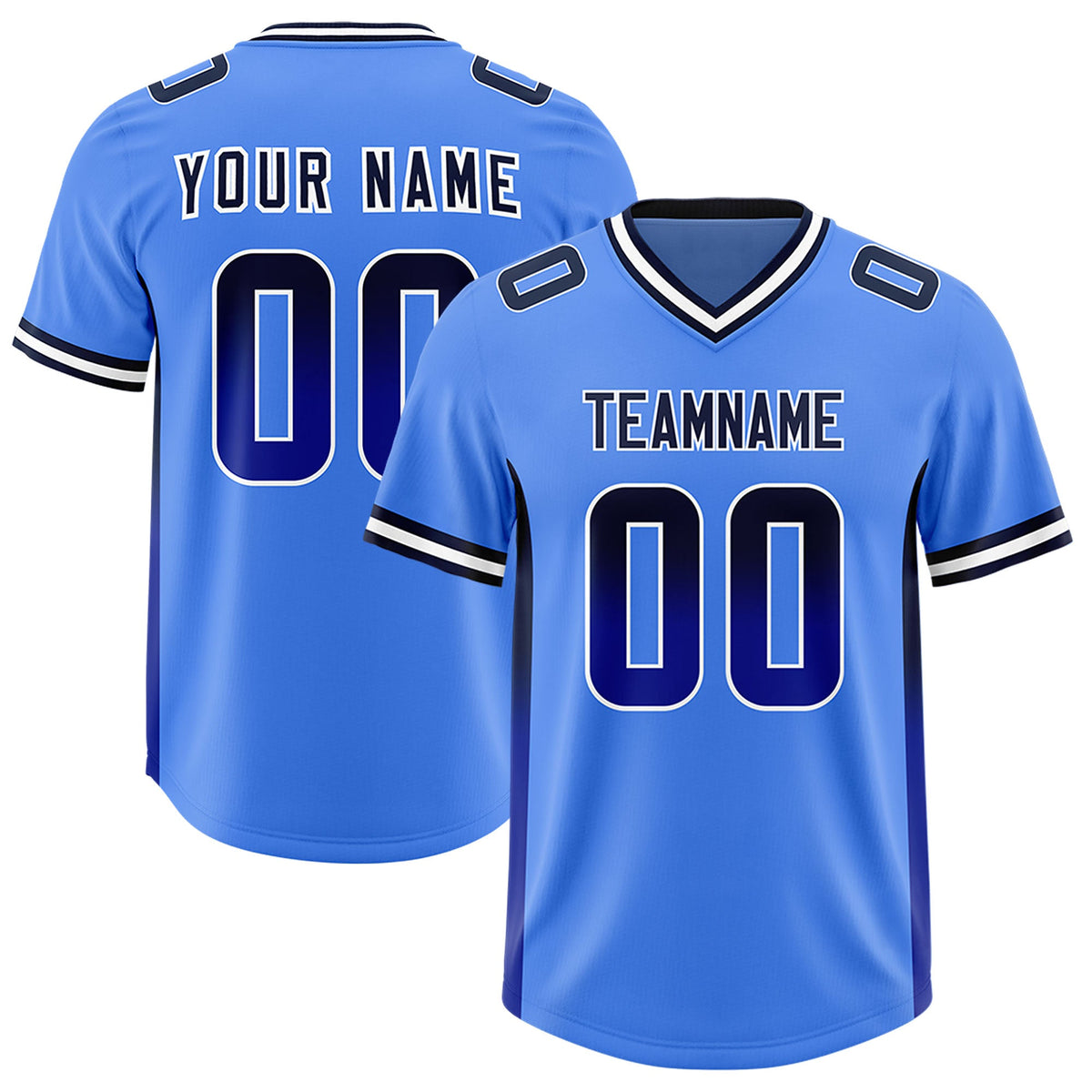 Custom Powder Blue Navy and Royal Sides Gradient Fashion Personalized Team Football Jersey