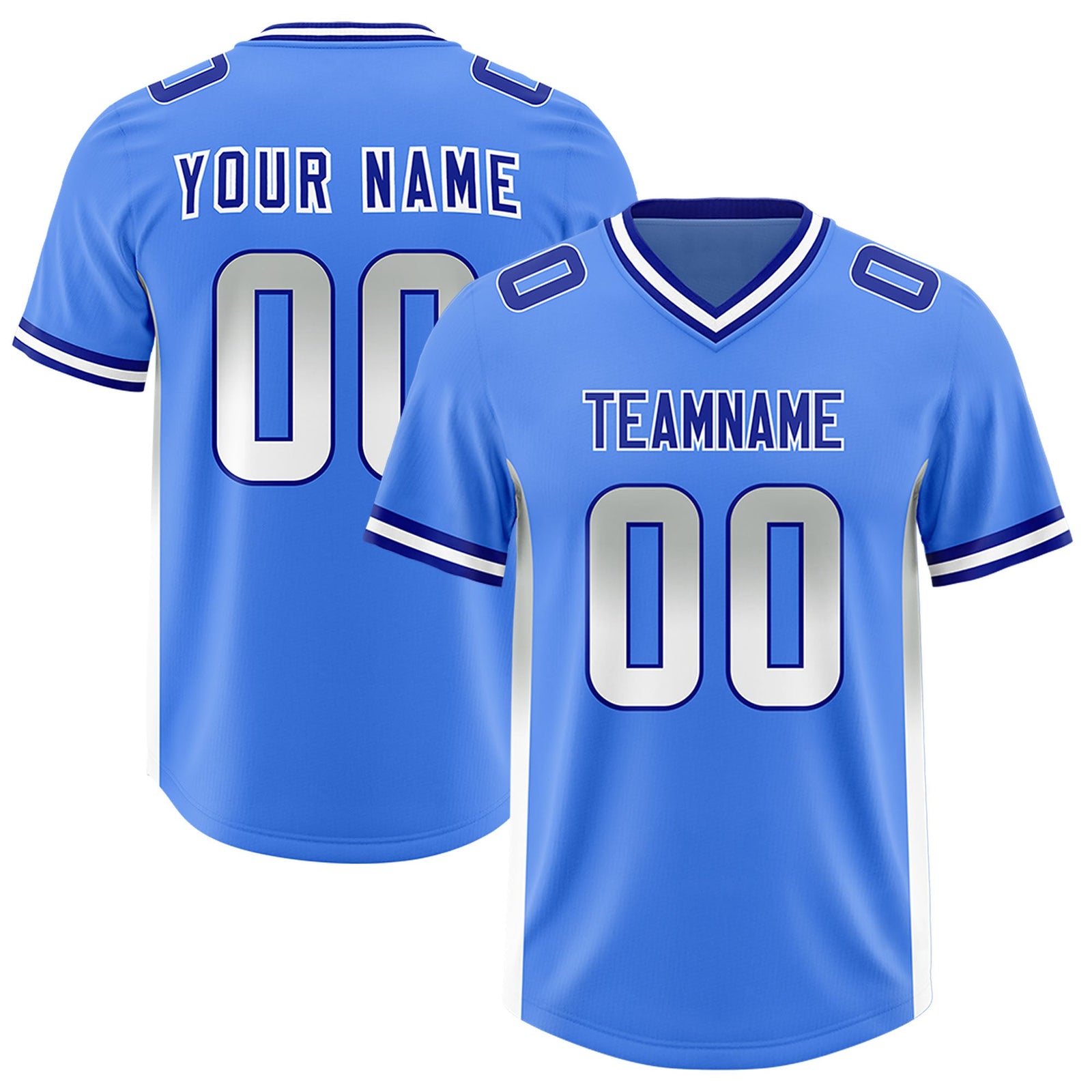 Custom Powder Blue Gray and White Sides Gradient Fashion Personalized Team Football Jersey
