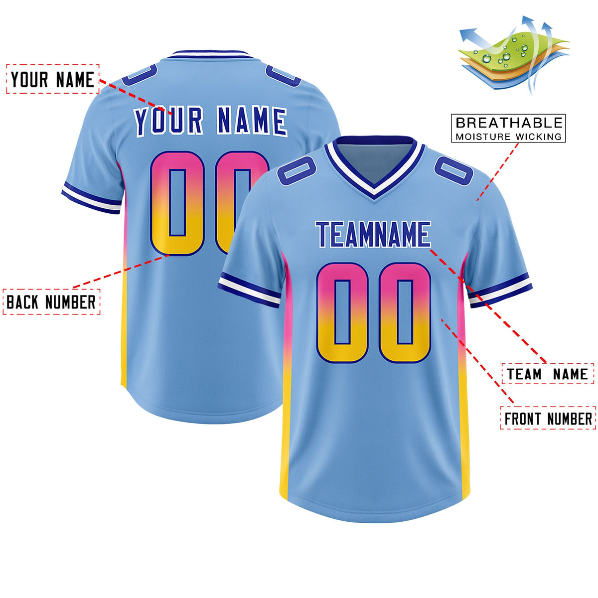 Custom Powder Blue Pink and Gold Sides Gradient Fashion Personalized Team Football Jersey