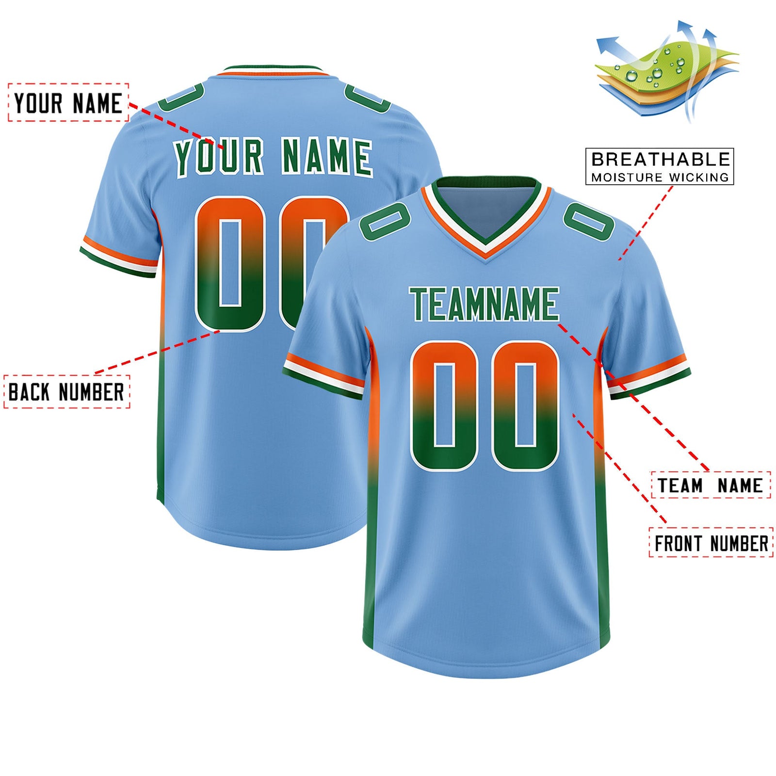 Custom Powder Blue Orange and Kelly Green Sides Gradient Fashion Personalized Team Football Jersey