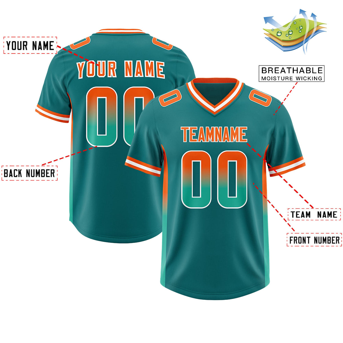 Custom Aqua Orange and Bright Green Sides Gradient Fashion Personalized Team Football Jersey