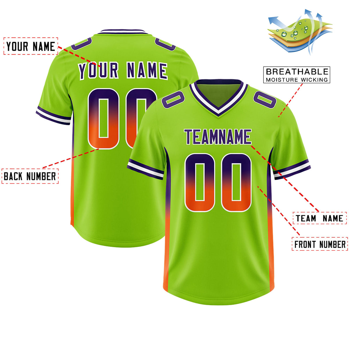 Custom Neon Green Purple and Orange Sides Gradient Fashion Personalized Team Football Jersey