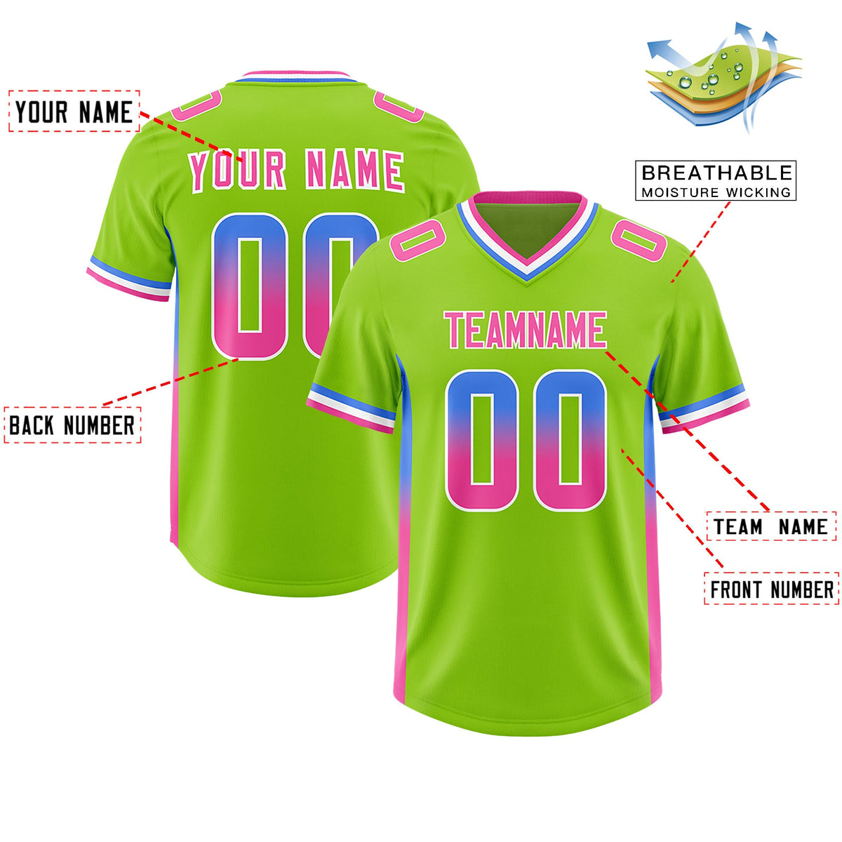 Custom Neon Green Powder Blue and Pink Sides Gradient Fashion Personalized Team Football Jersey