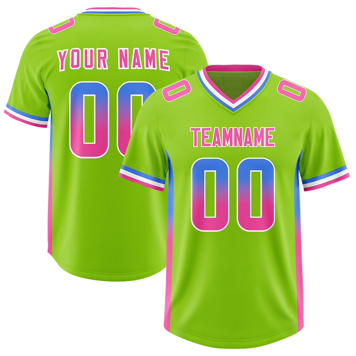 Custom Neon Green Powder Blue and Pink Sides Gradient Fashion Personalized Team Football Jersey