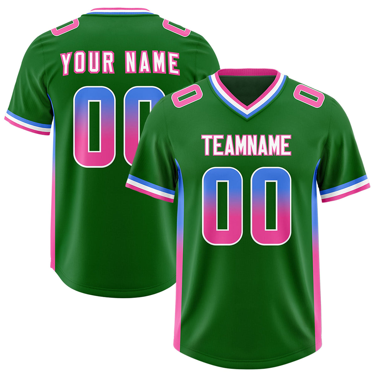 Custom Kelly Green Powder Blue and Pink Sides Gradient Fashion Personalized Team Football Jersey
