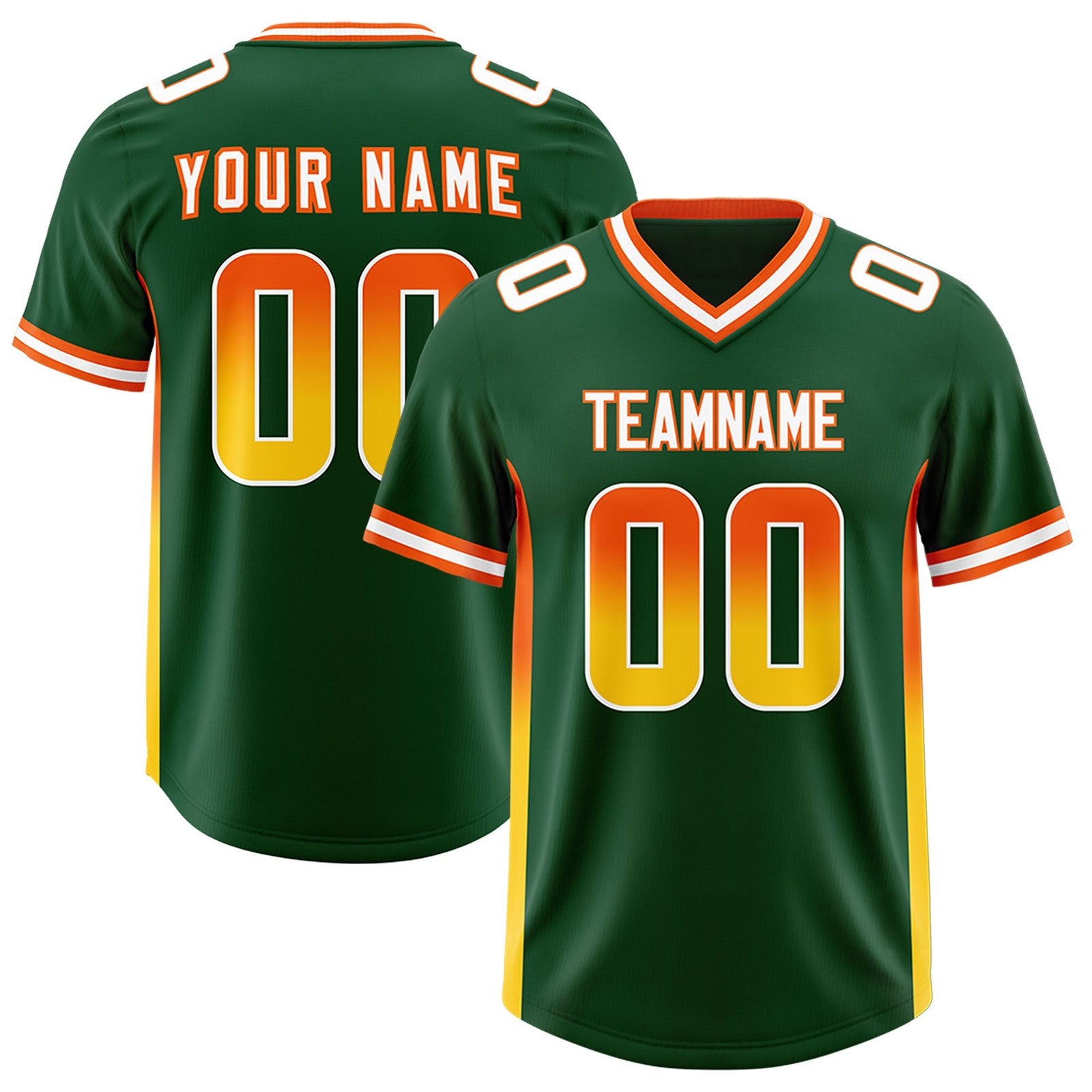 Custom Green Orange and Gold Sides Gradient Fashion Personalized Team Football Jersey