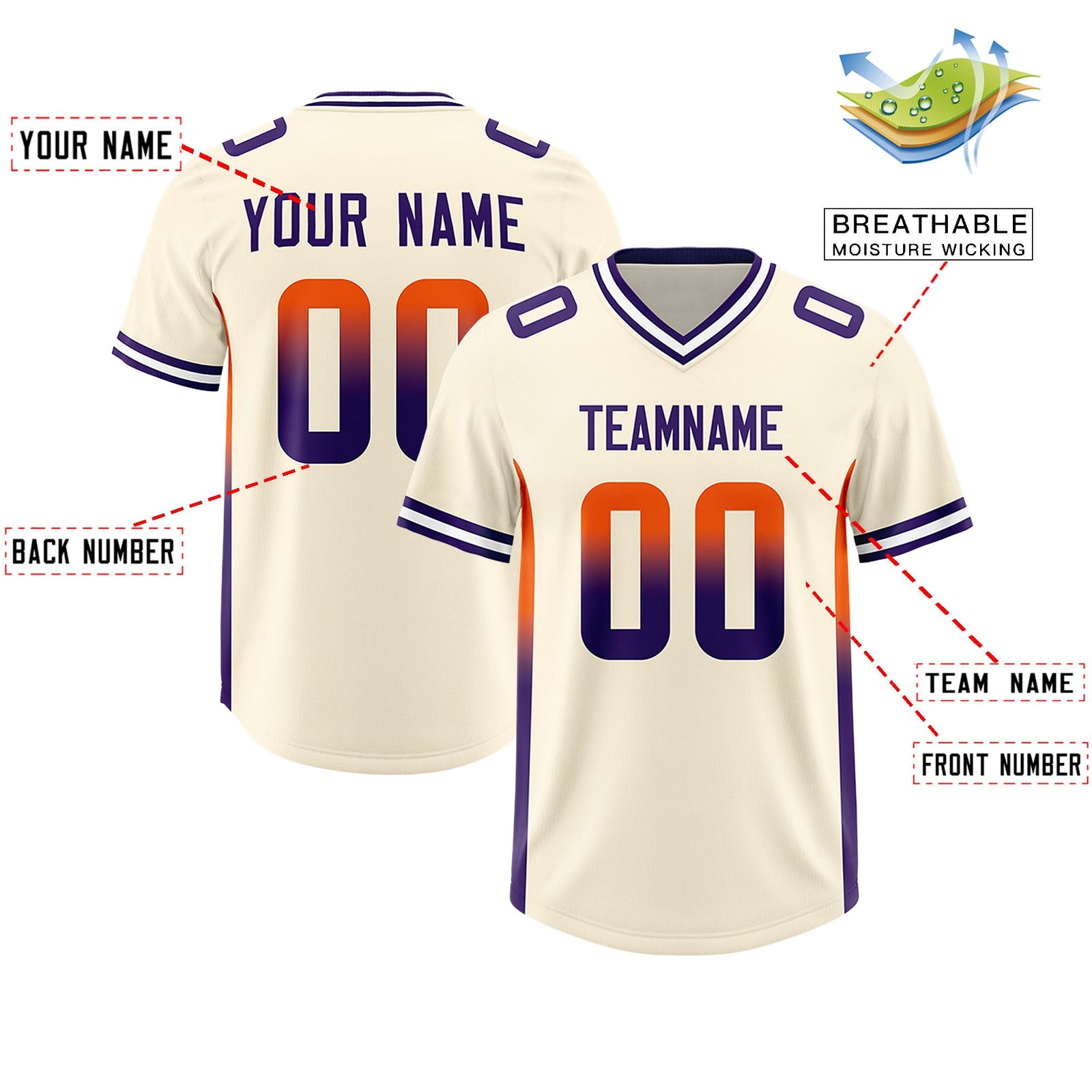 Custom Cream Orange and Purple Sides Gradient Fashion Personalized Team Football Jersey