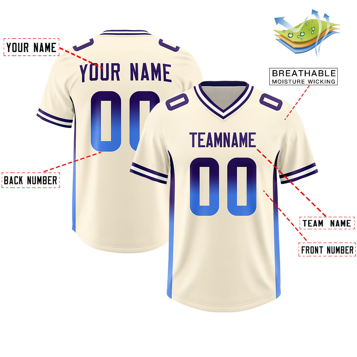 Custom Cream Purple and Powder Blue Sides Gradient Fashion Personalized Team Football Jersey