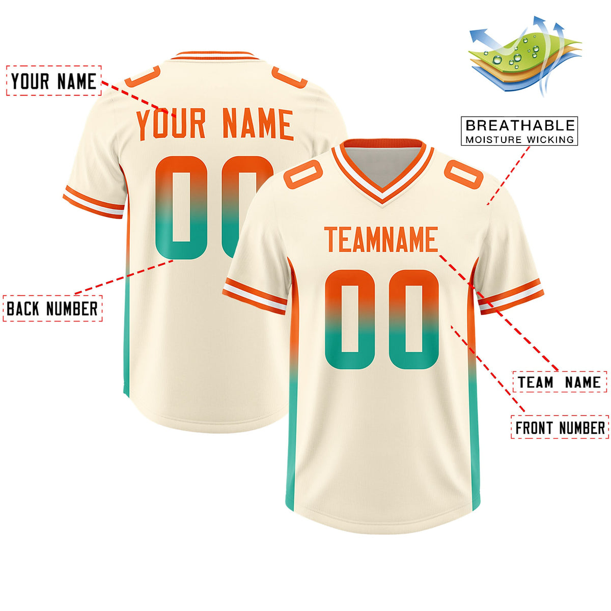 Custom Cream Orange and Bright Green Sides Gradient Fashion Personalized Team Football Jersey