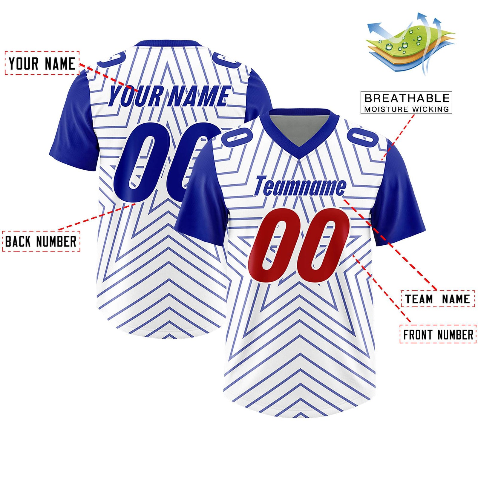 Custom White Royal Personalized Star Pattern Raglan Sleeves Authentic Football Jersey