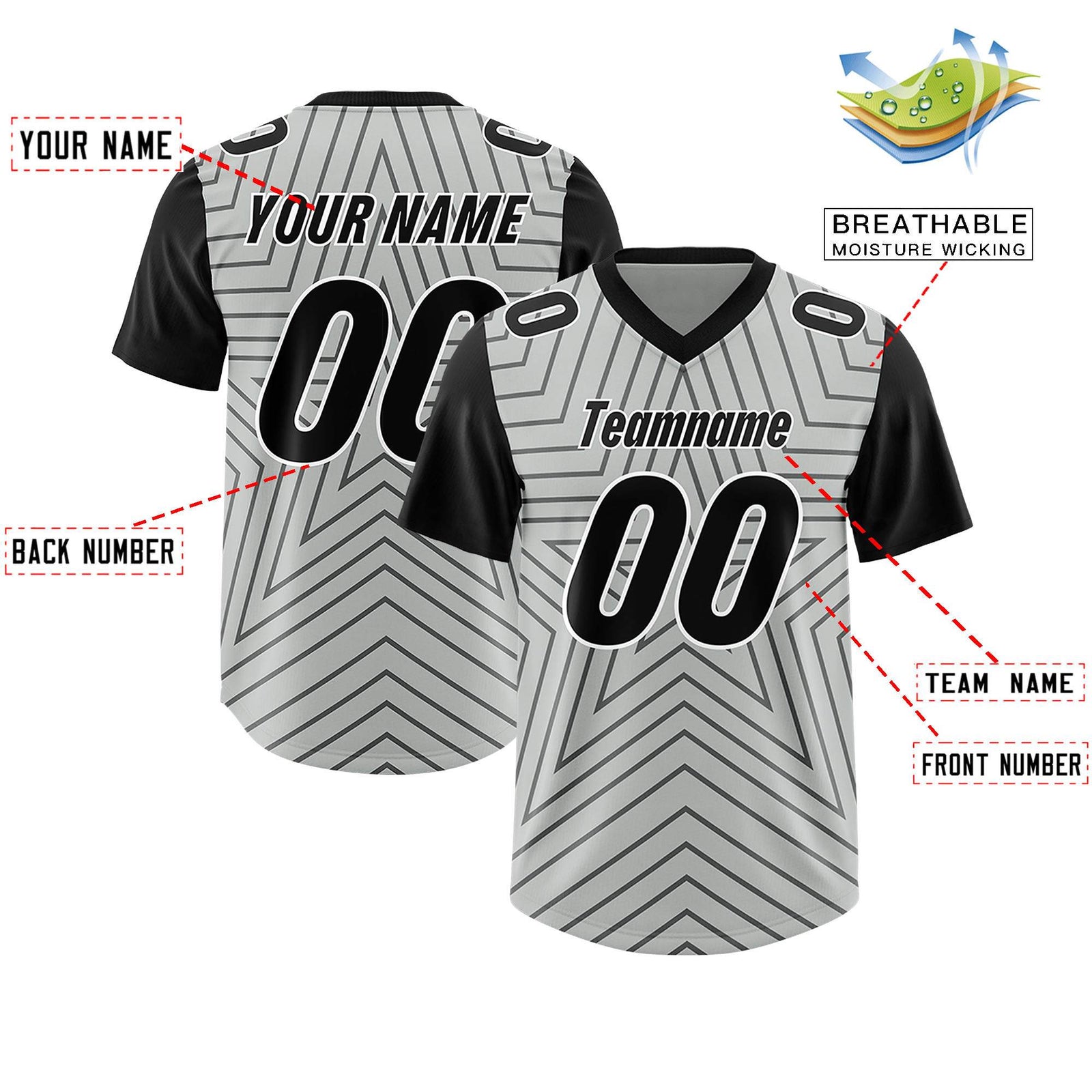 Custom Gray Black Personalized Star Pattern Raglan Sleeves Authentic Football Jersey