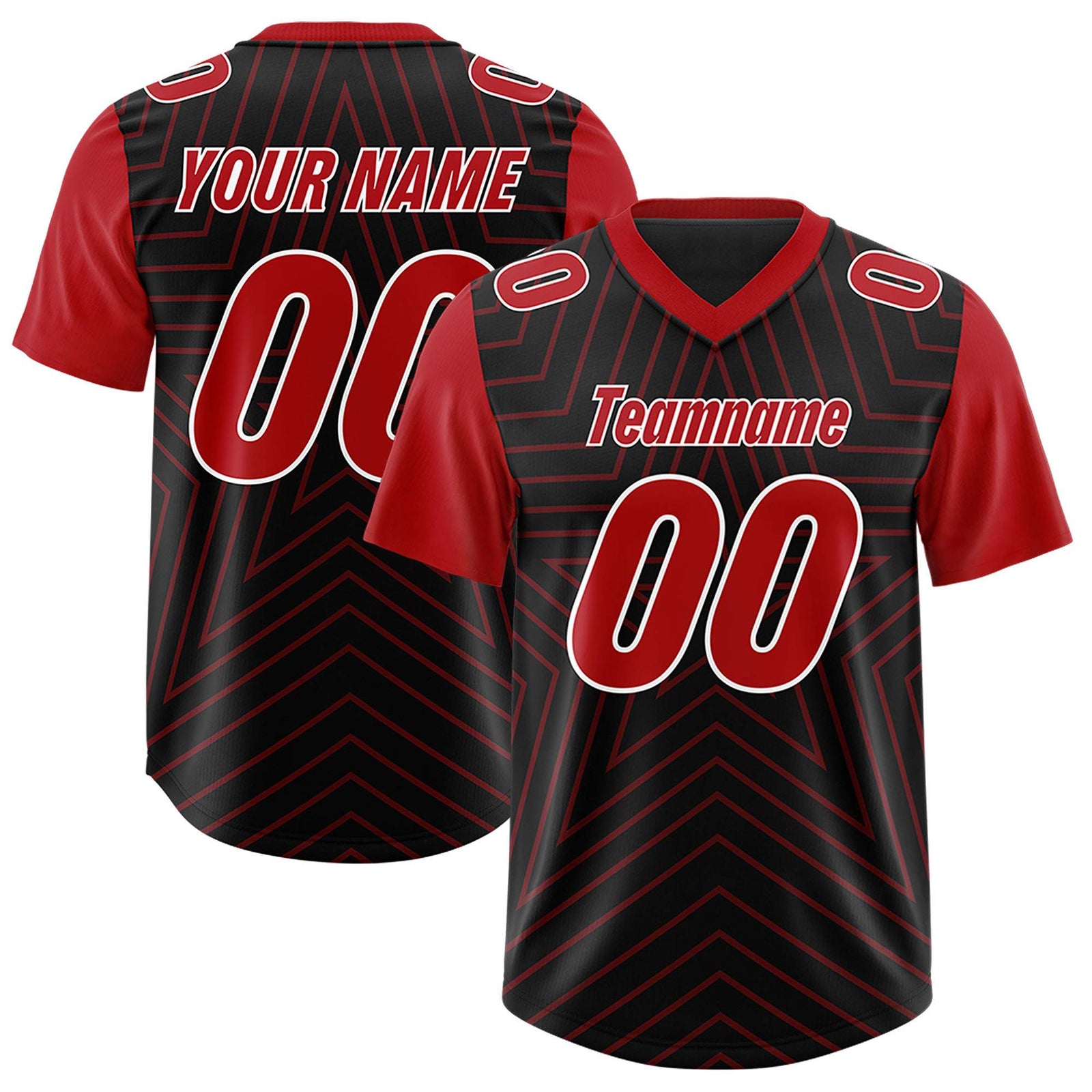 Custom Black Red Personalized Star Pattern Raglan Sleeves Authentic Football Jersey