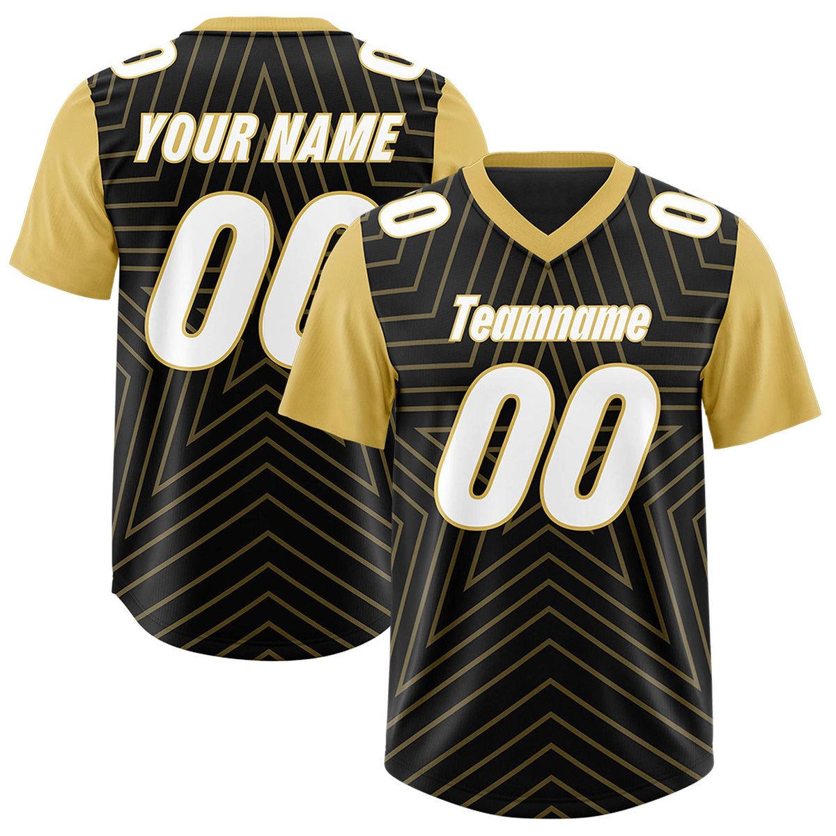 Custom Black Old Gold Personalized Star Pattern Raglan Sleeves Authentic Football Jersey