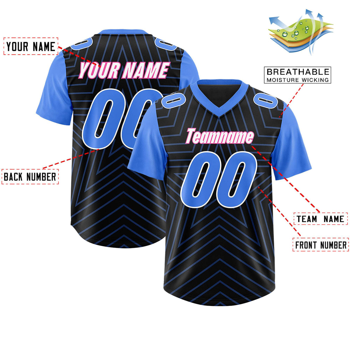 Custom Black Powder Blue Personalized Star Pattern Raglan Sleeves Authentic Football Jersey