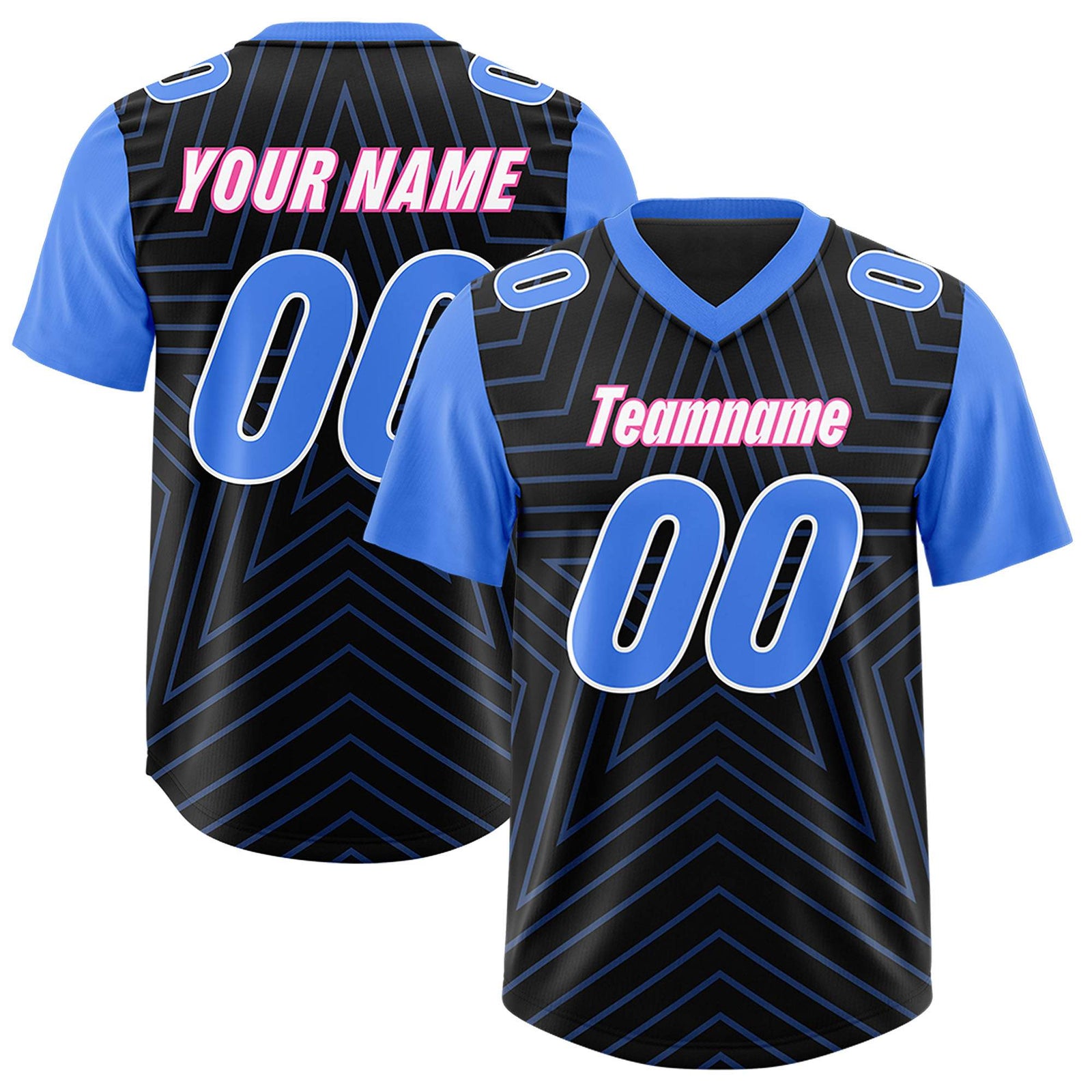Custom Black Powder Blue Personalized Star Pattern Raglan Sleeves Authentic Football Jersey