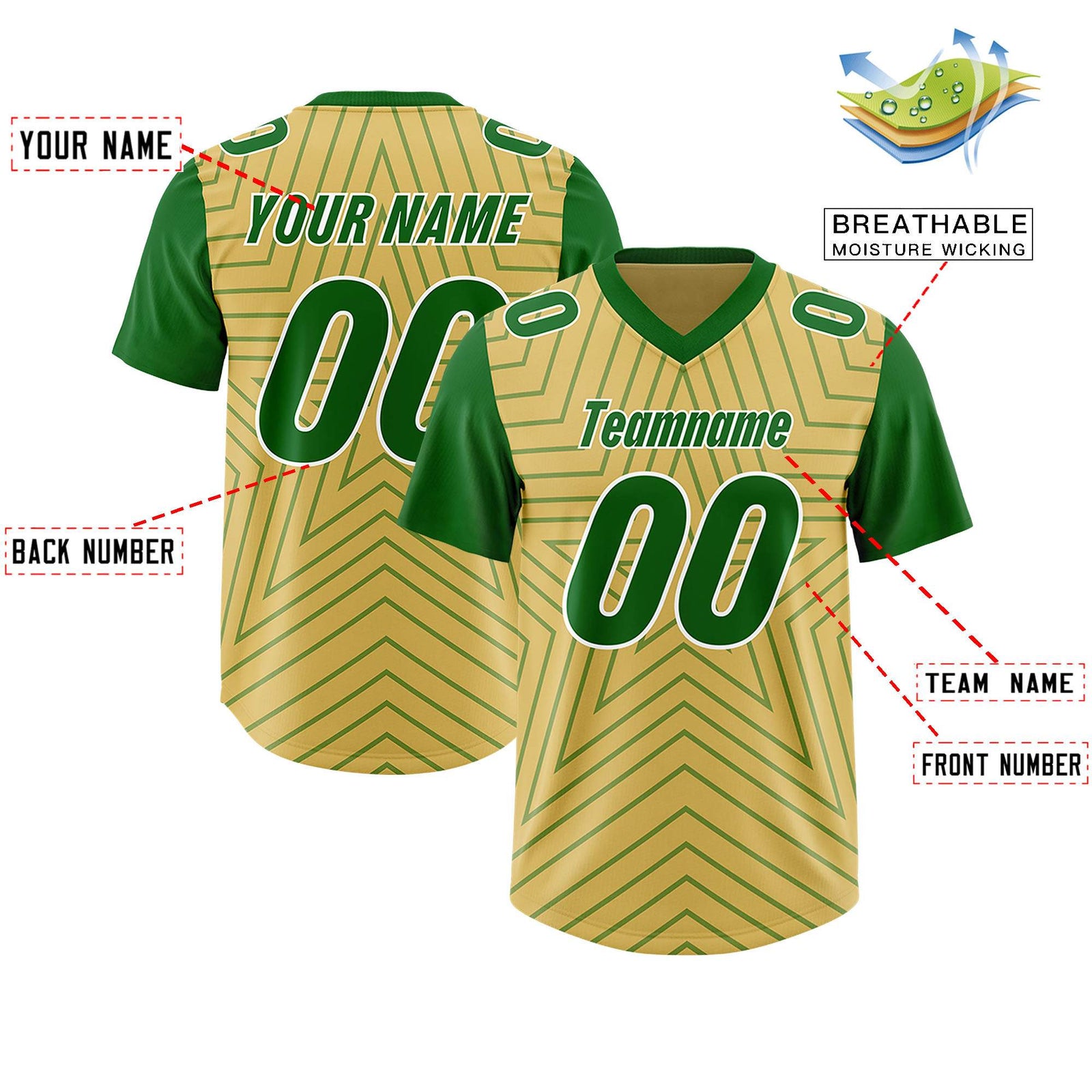 Custom Old Gold Kelly Green Personalized Star Pattern Raglan Sleeves Authentic Football Jersey