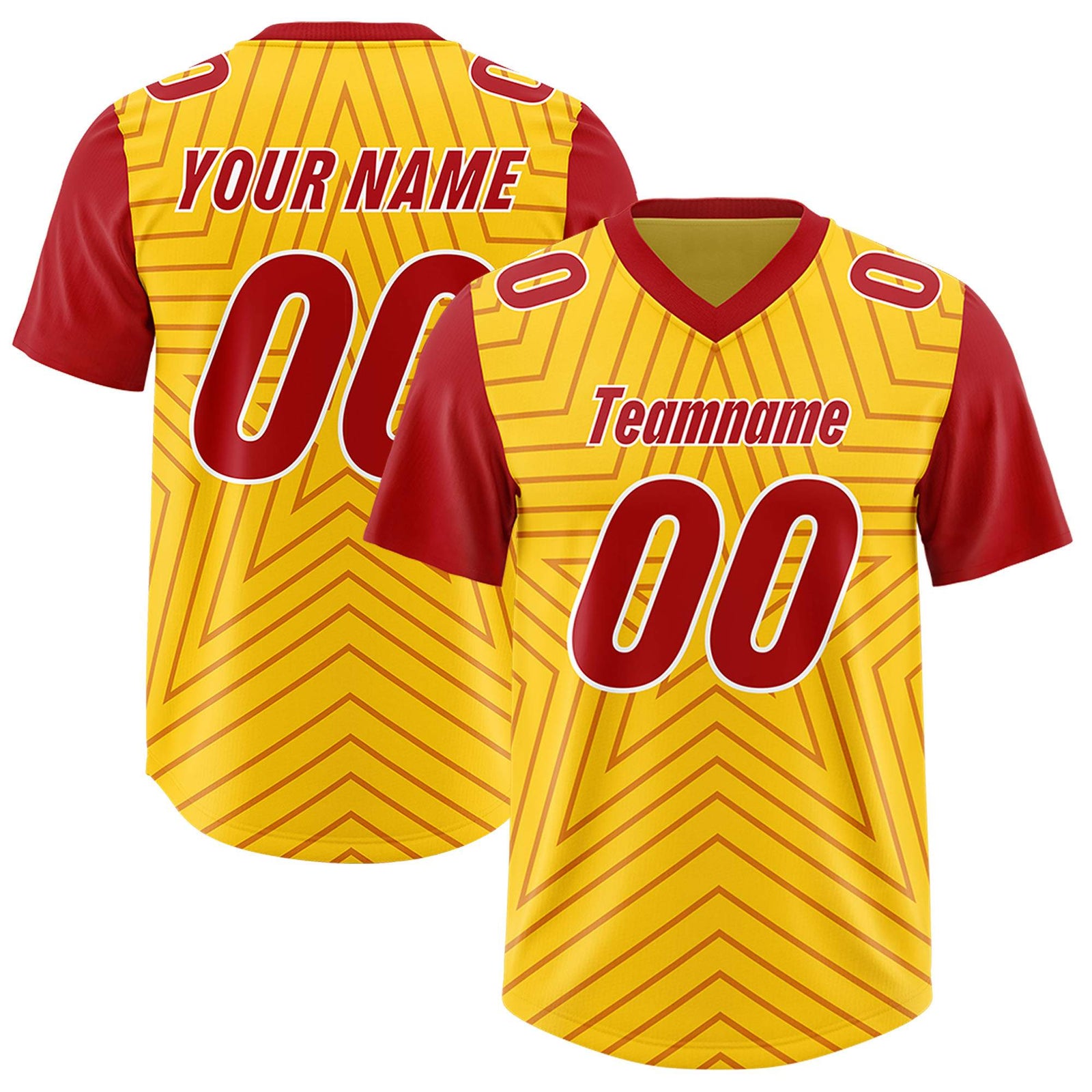Custom Gold Red Personalized Star Pattern Raglan Sleeves Authentic Football Jersey