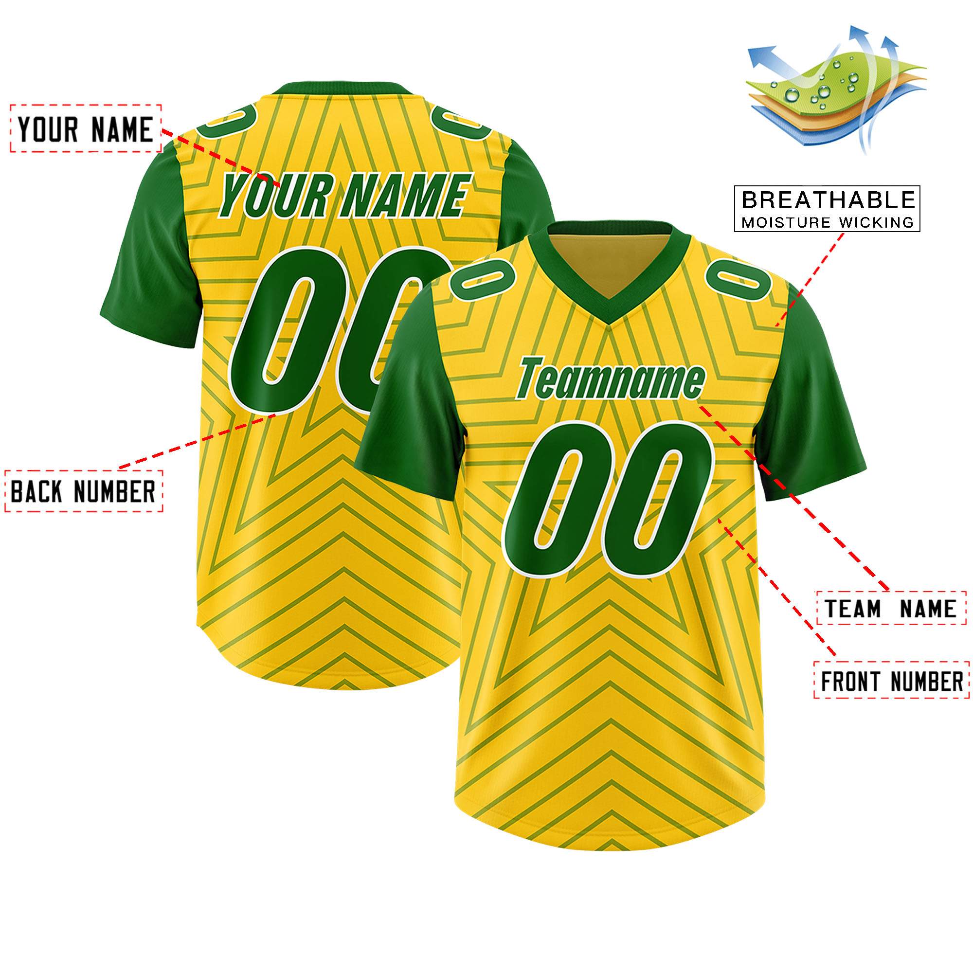 Custom Gold Kelly Green Personalized Star Pattern Raglan Sleeves Authentic Football Jersey