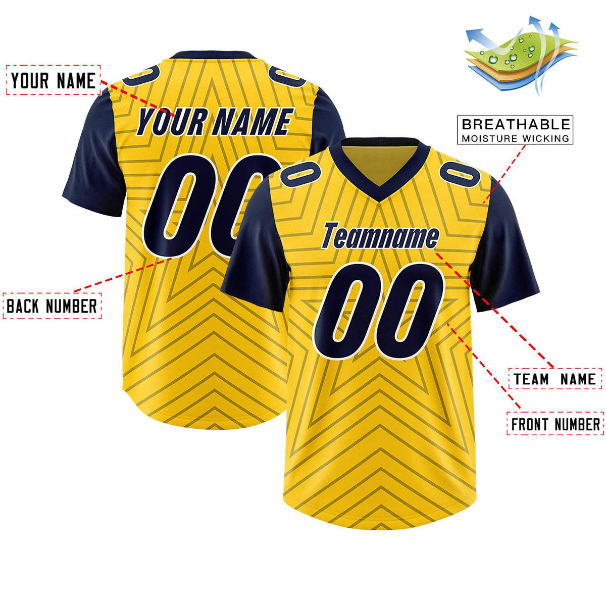 Custom Gold Navy Personalized Star Pattern Raglan Sleeves Authentic Football Jersey