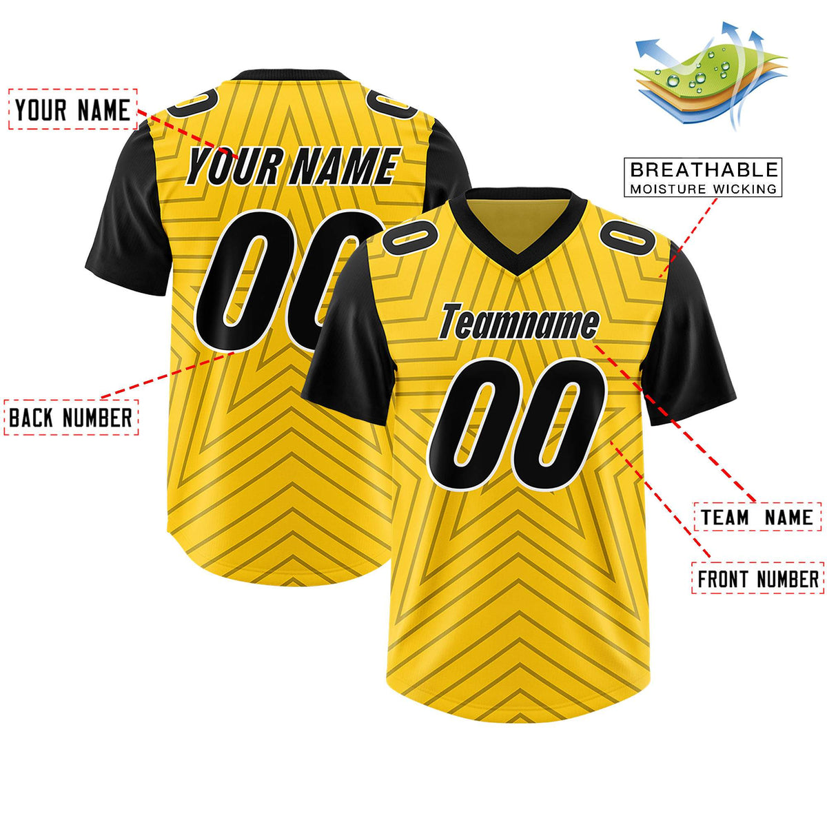 Custom Gold Black Personalized Star Pattern Raglan Sleeves Authentic Football Jersey