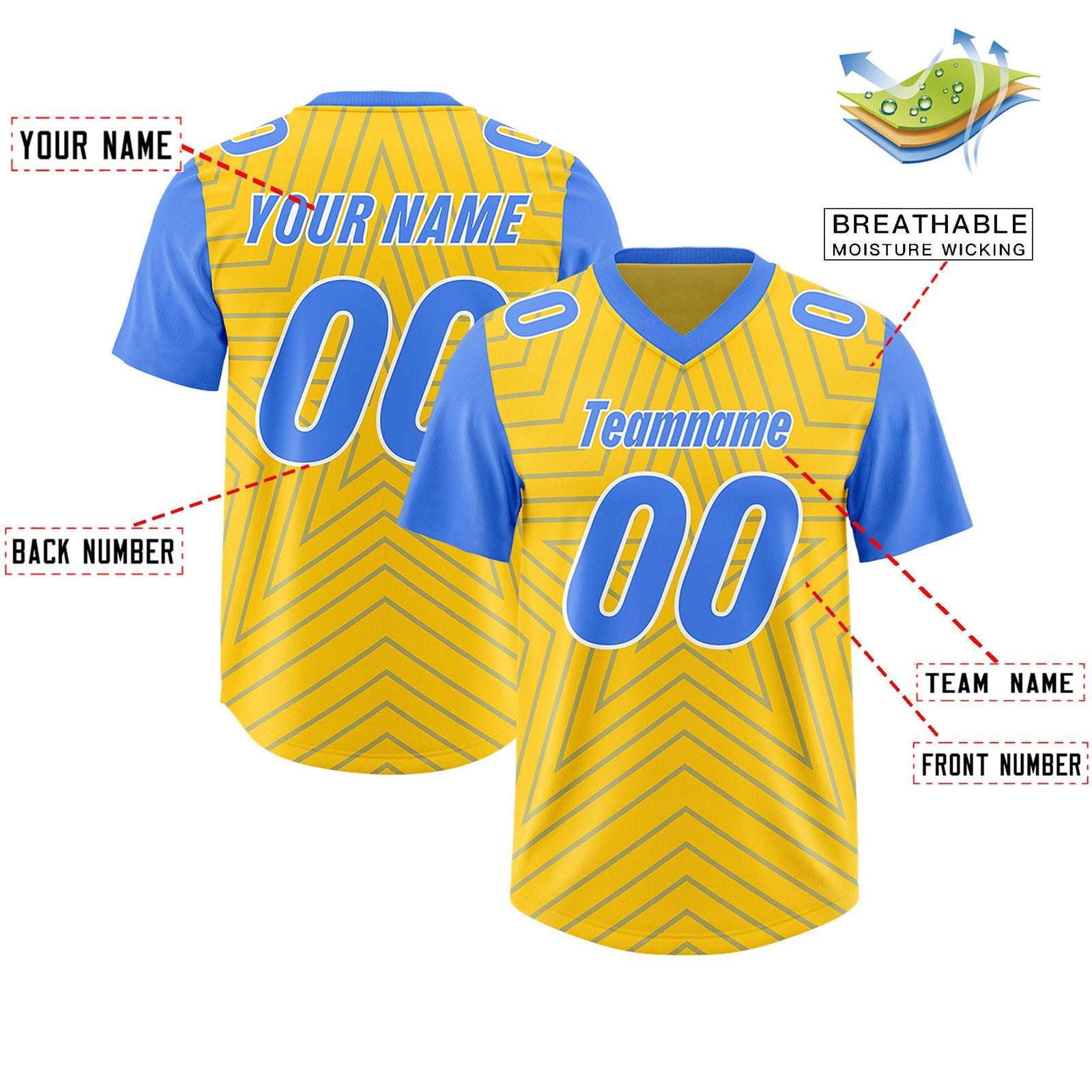 Custom Gold Powder Blue Personalized Star Pattern Raglan Sleeves Authentic Football Jersey