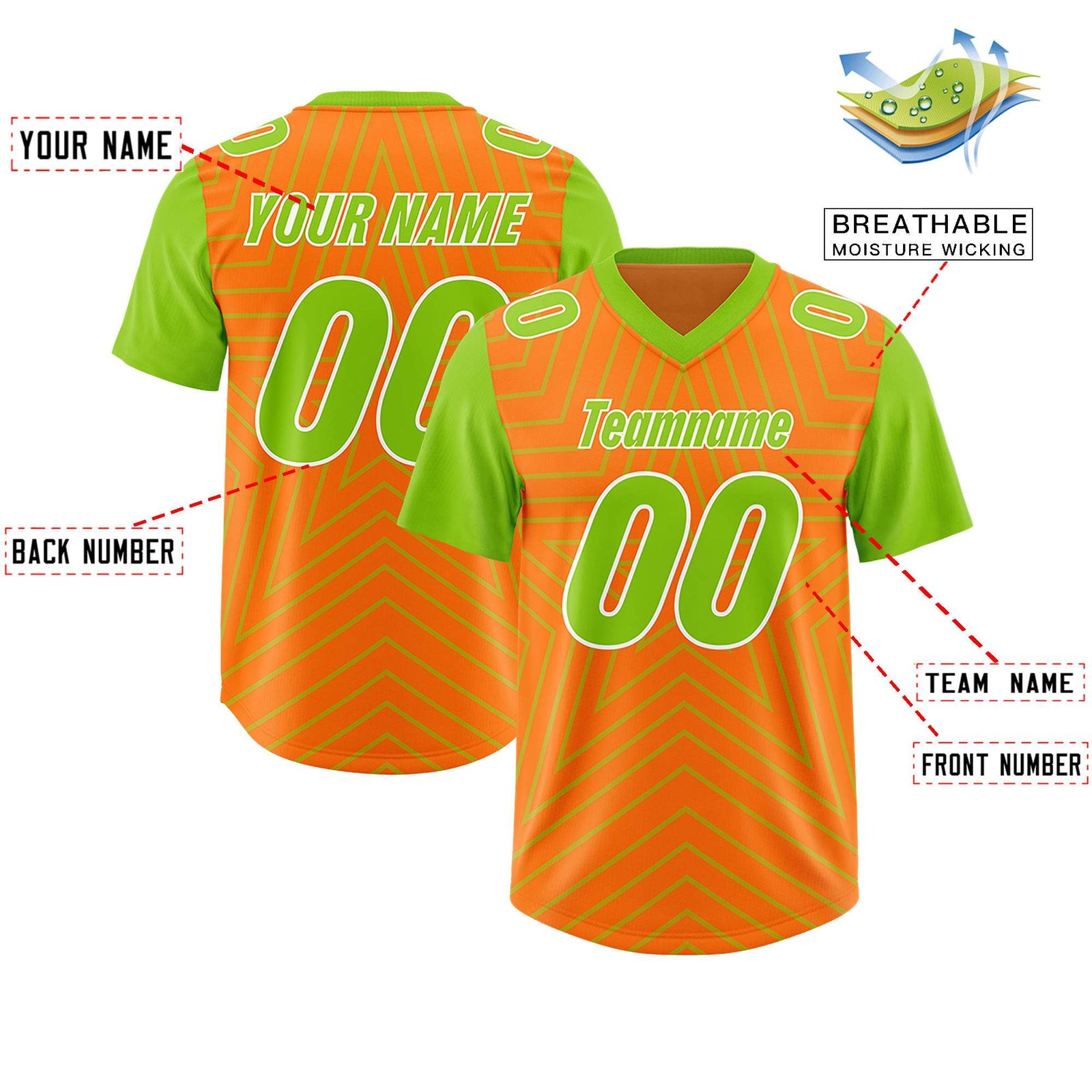 Custom Orange Neon Green Personalized Star Pattern Raglan Sleeves Authentic Football Jersey