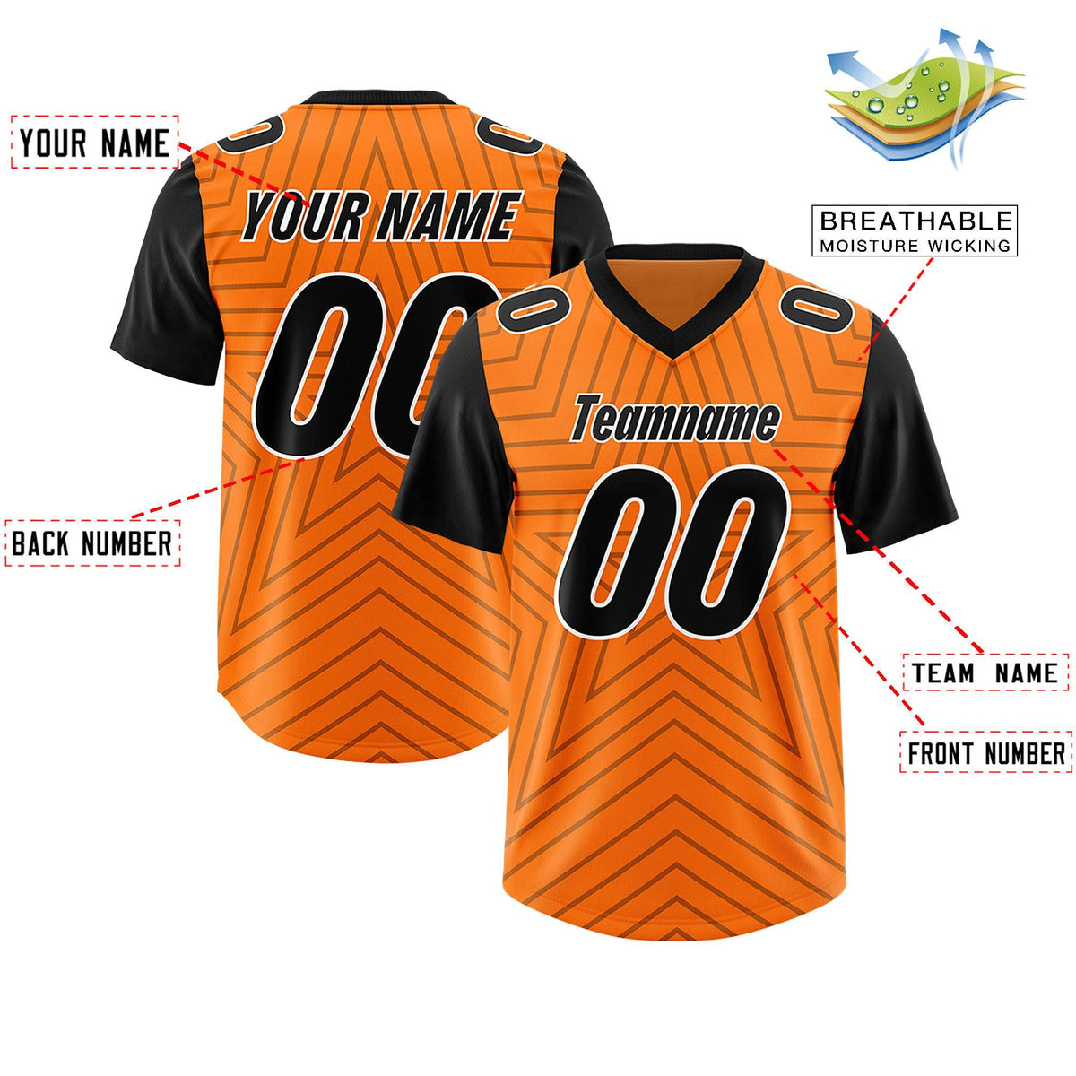 Custom Orange Black Personalized Star Pattern Raglan Sleeves Authentic Football Jersey