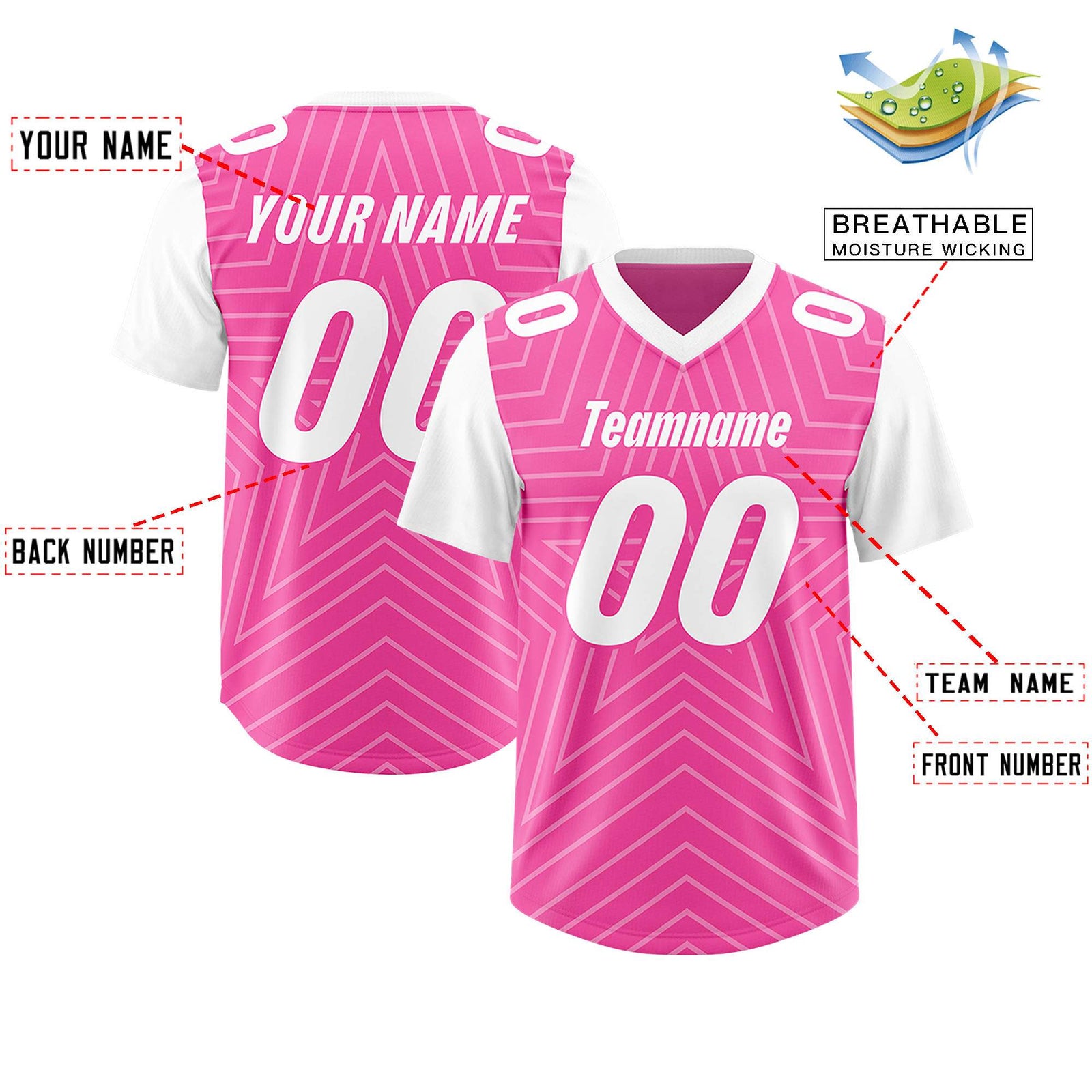 Custom Pink White Personalized Star Pattern Raglan Sleeves Authentic Football Jersey