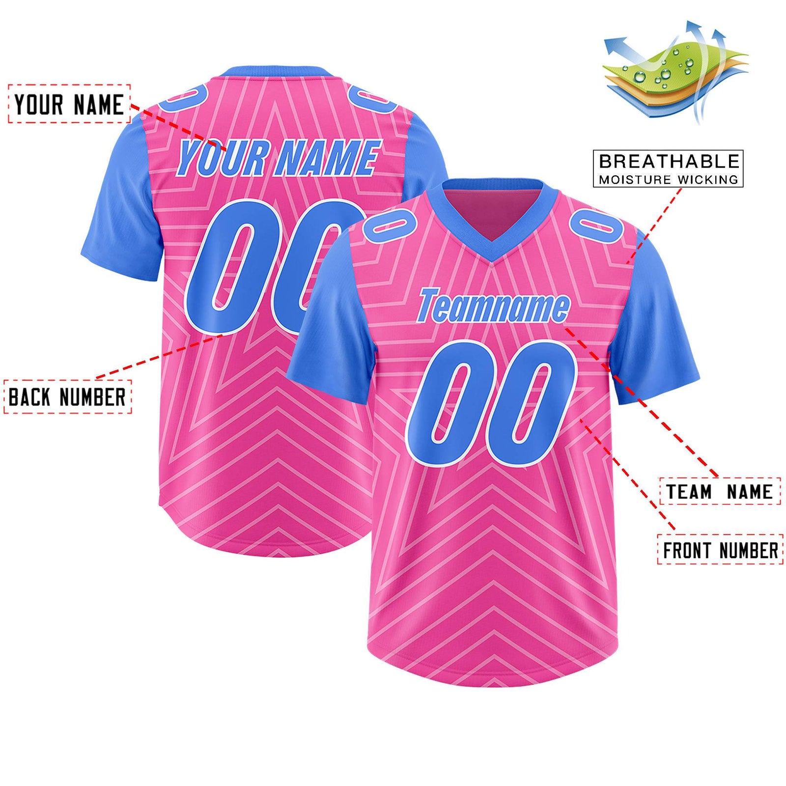 Custom Pink Powder Blue Personalized Star Pattern Raglan Sleeves Authentic Football Jersey
