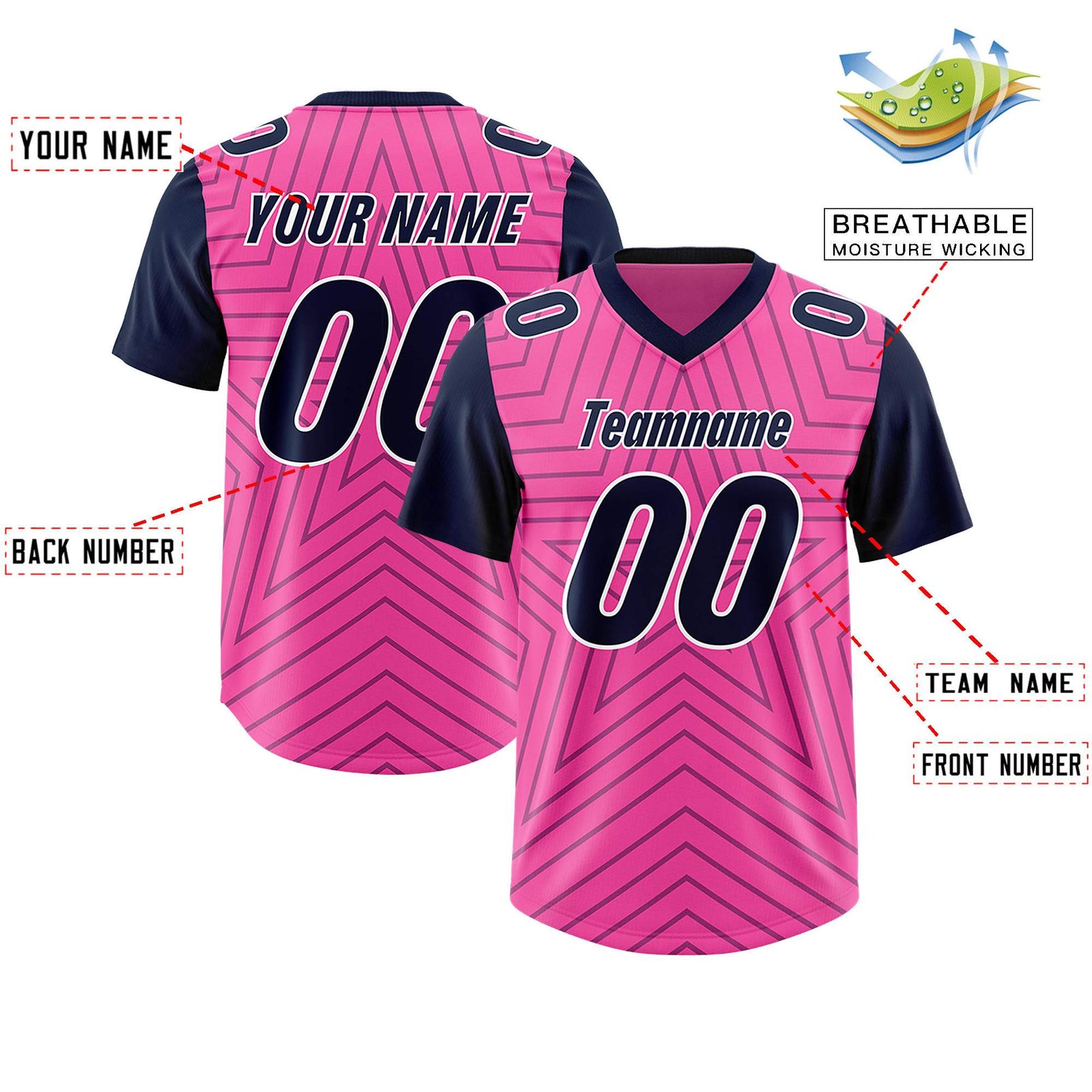 Custom Pink Navy Personalized Star Pattern Raglan Sleeves Authentic Football Jersey
