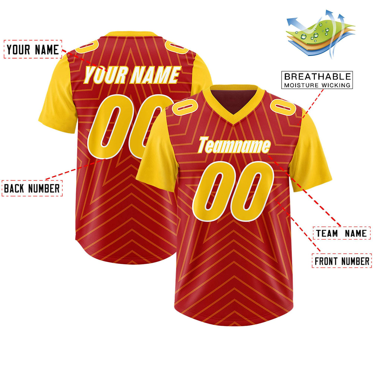 Custom Red Gold Personalized Star Pattern Raglan Sleeves Authentic Football Jersey