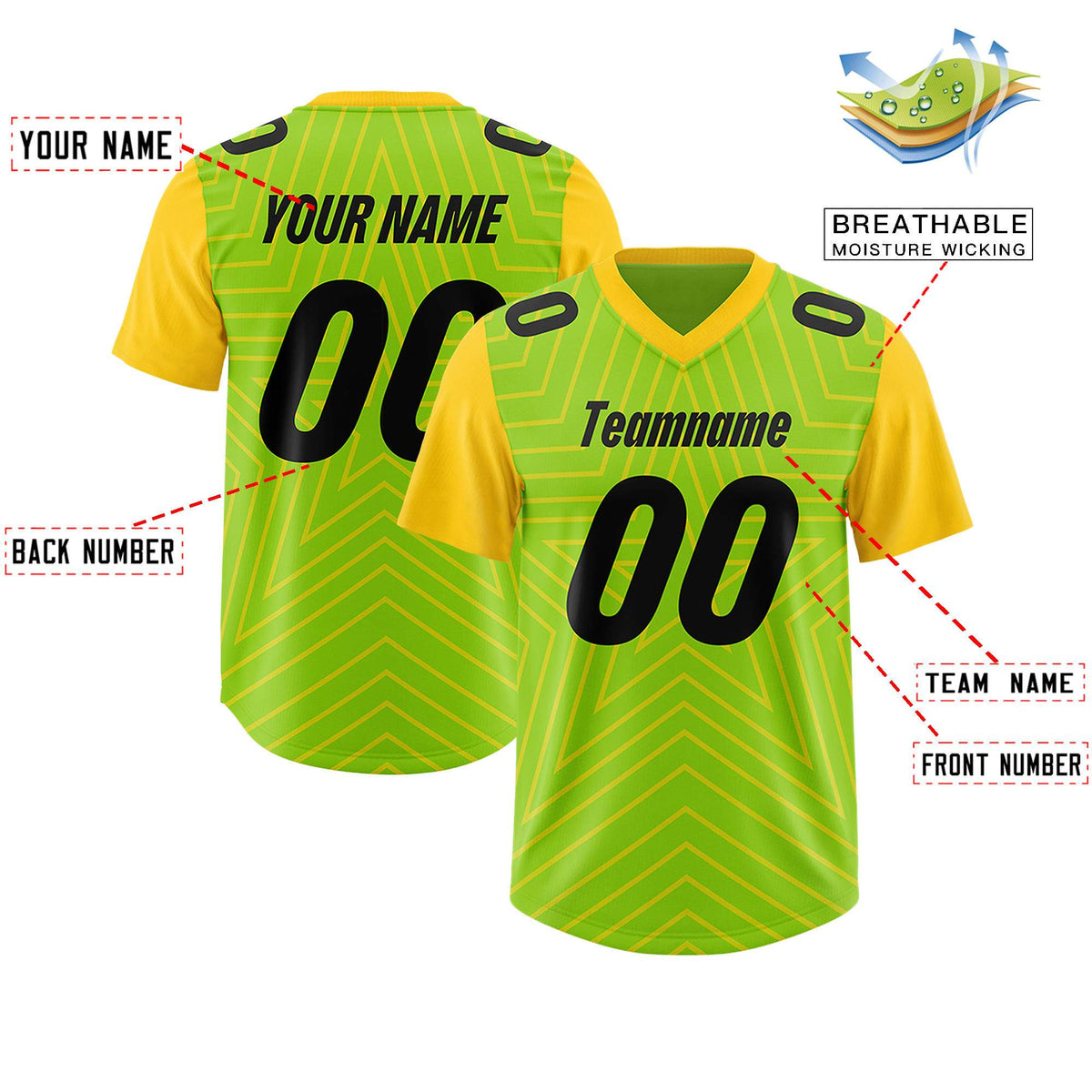 Custom Neon Green Gold Personalized Star Pattern Raglan Sleeves Authentic Football Jersey