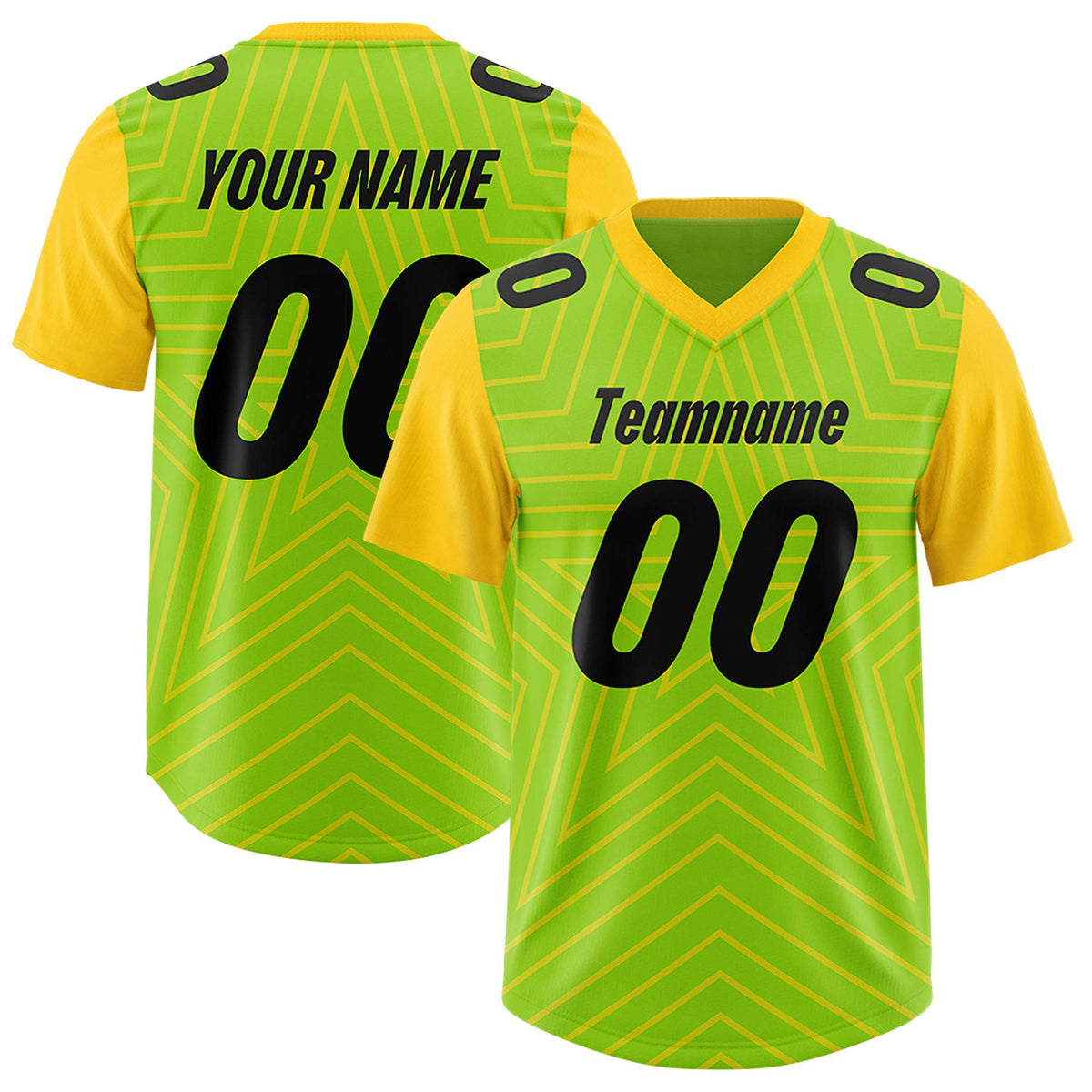 Custom Neon Green Gold Personalized Star Pattern Raglan Sleeves Authentic Football Jersey