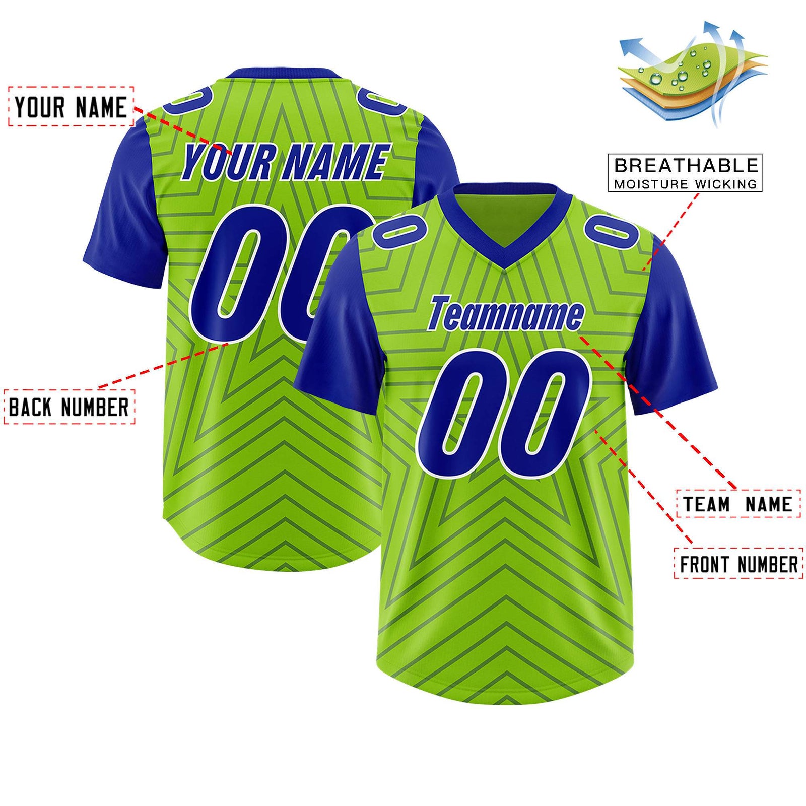 Custom Neon Green Royal Personalized Star Pattern Raglan Sleeves Authentic Football Jersey