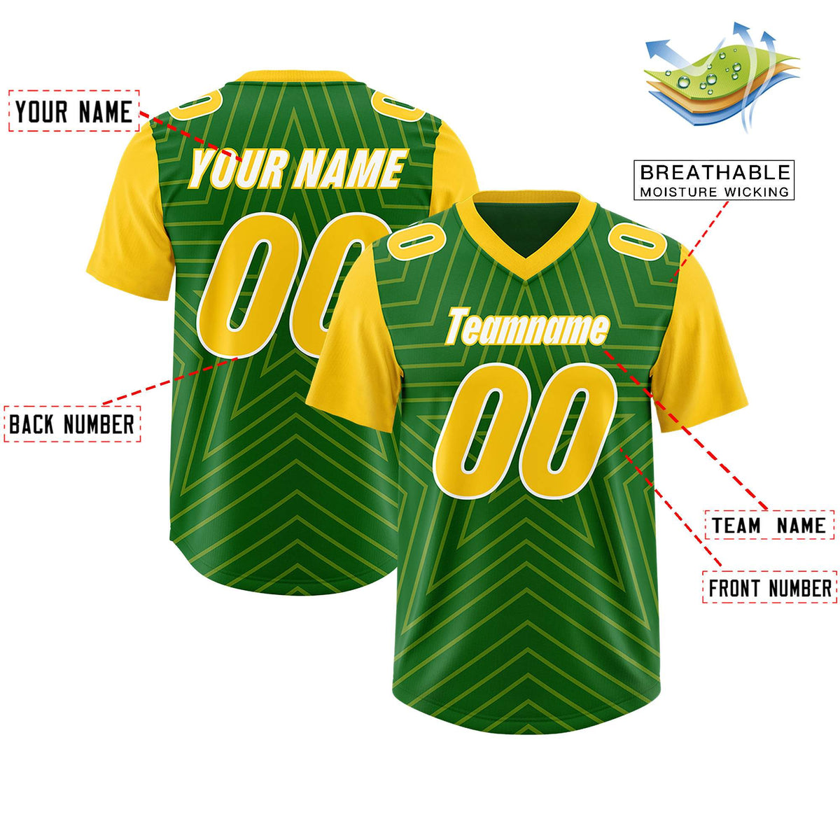 Custom Kelly Green Gold Personalized Star Pattern Raglan Sleeves Authentic Football Jersey
