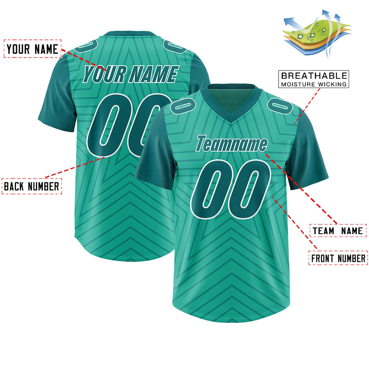 Custom Bright Green Aqua Personalized Star Pattern Raglan Sleeves Authentic Football Jersey