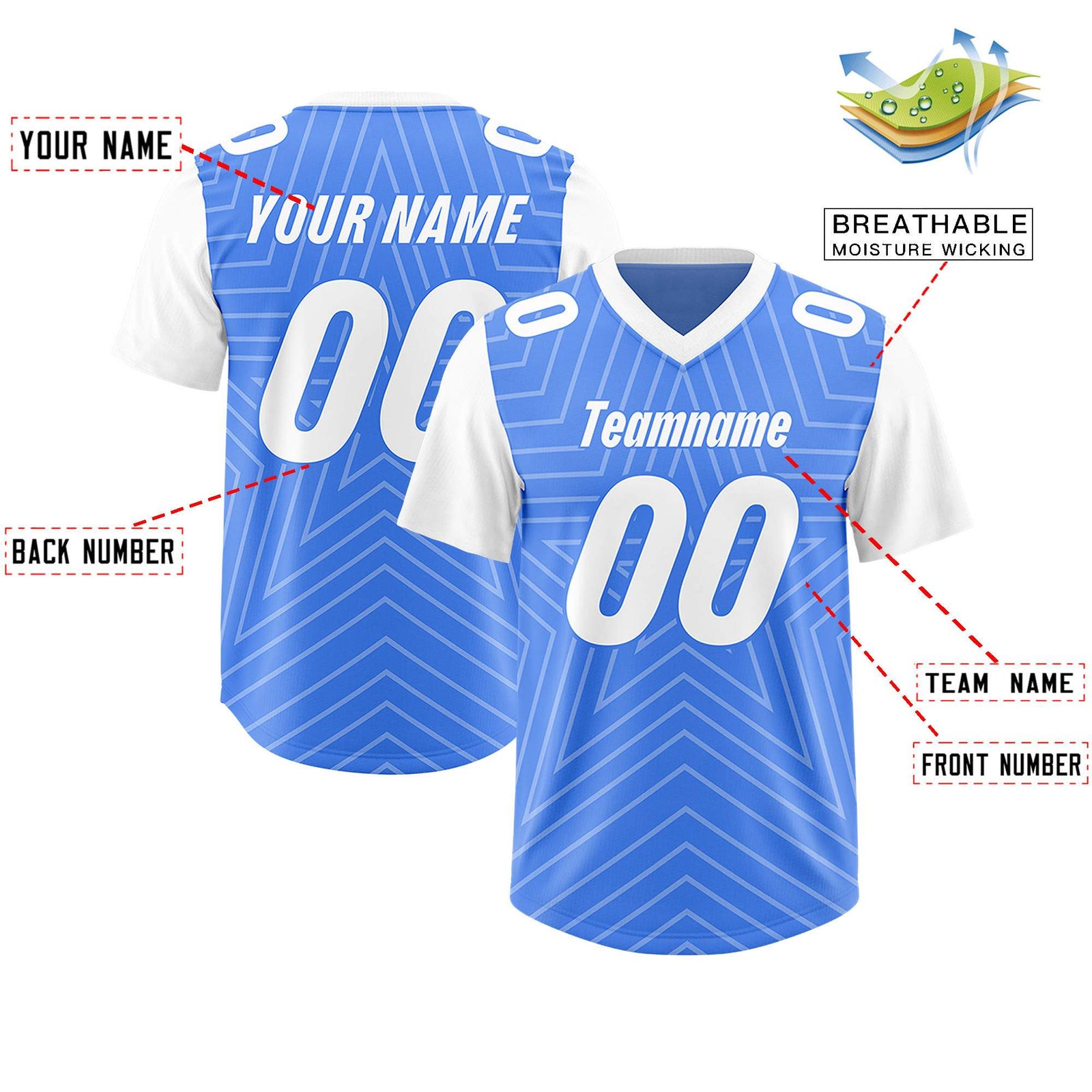 Custom Powder Blue White Personalized Star Pattern Raglan Sleeves Authentic Football Jersey