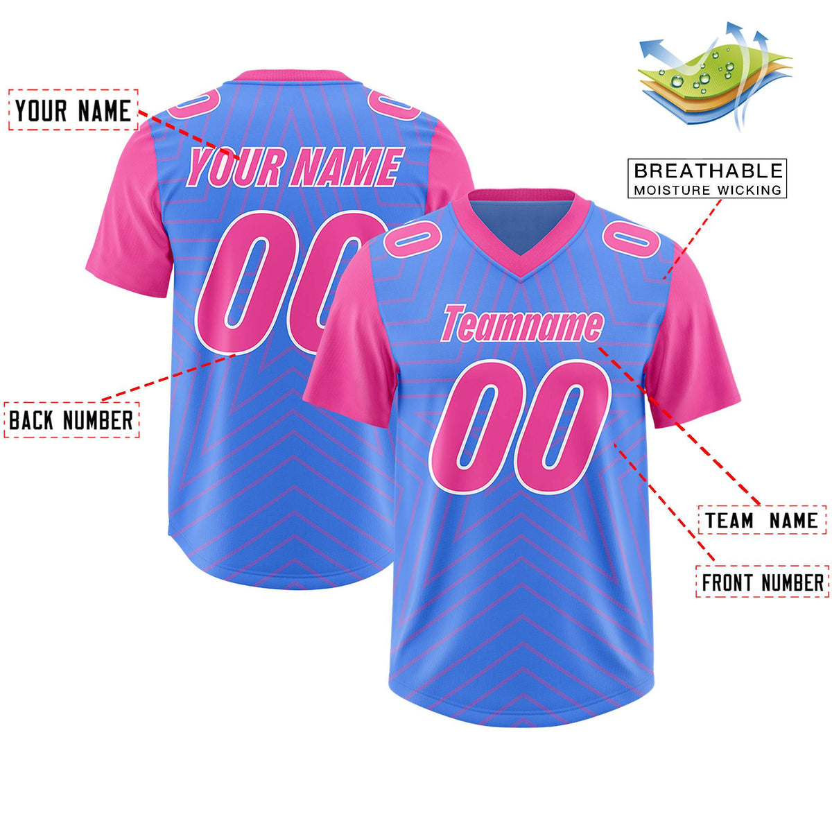 Custom Powder Blue Pink Personalized Star Pattern Raglan Sleeves Authentic Football Jersey