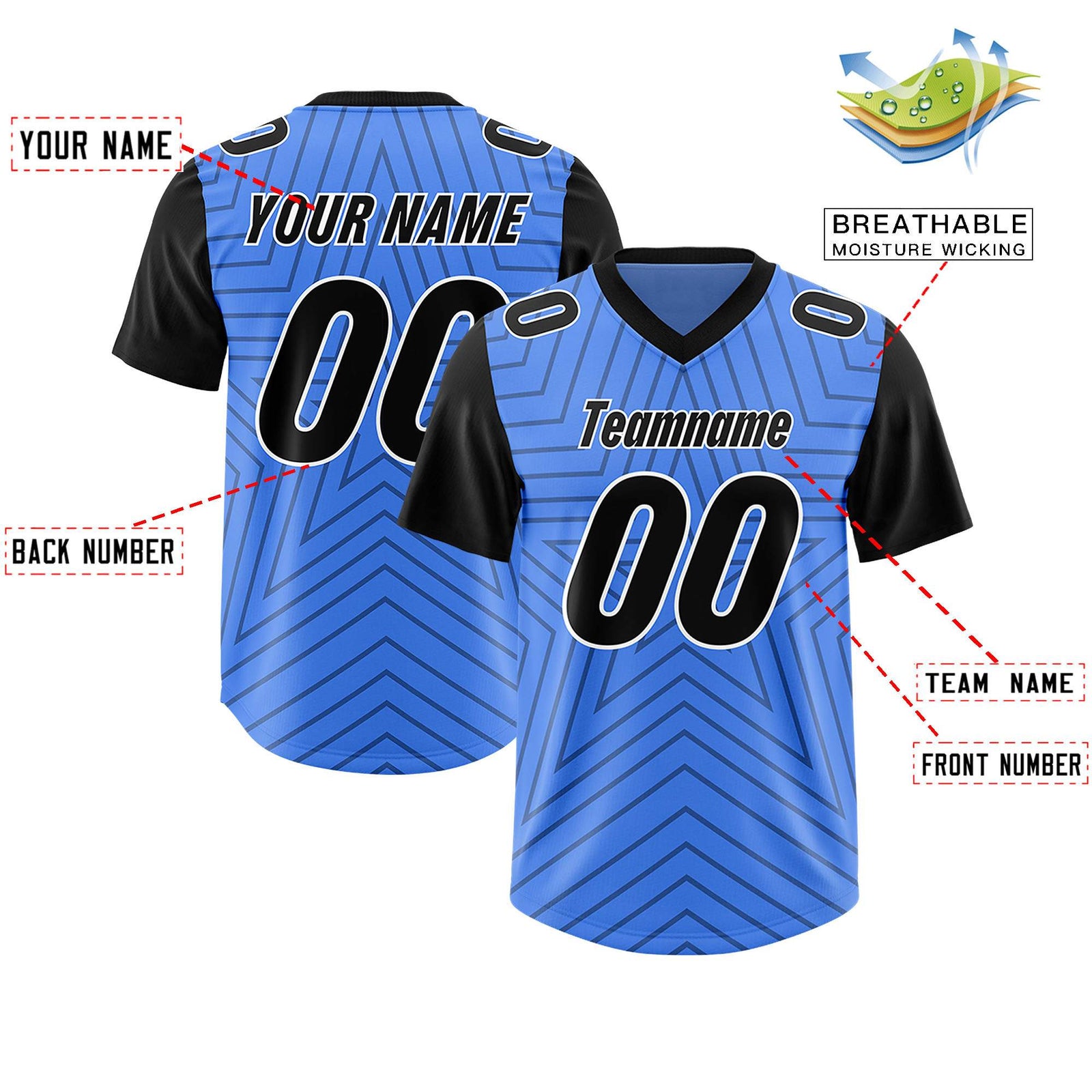 Custom Powder Blue Black Personalized Star Pattern Raglan Sleeves Authentic Football Jersey