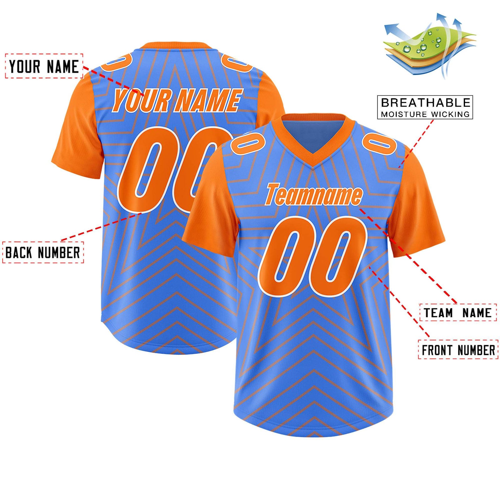 Custom Powder Blue Orange Personalized Star Pattern Raglan Sleeves Authentic Football Jersey