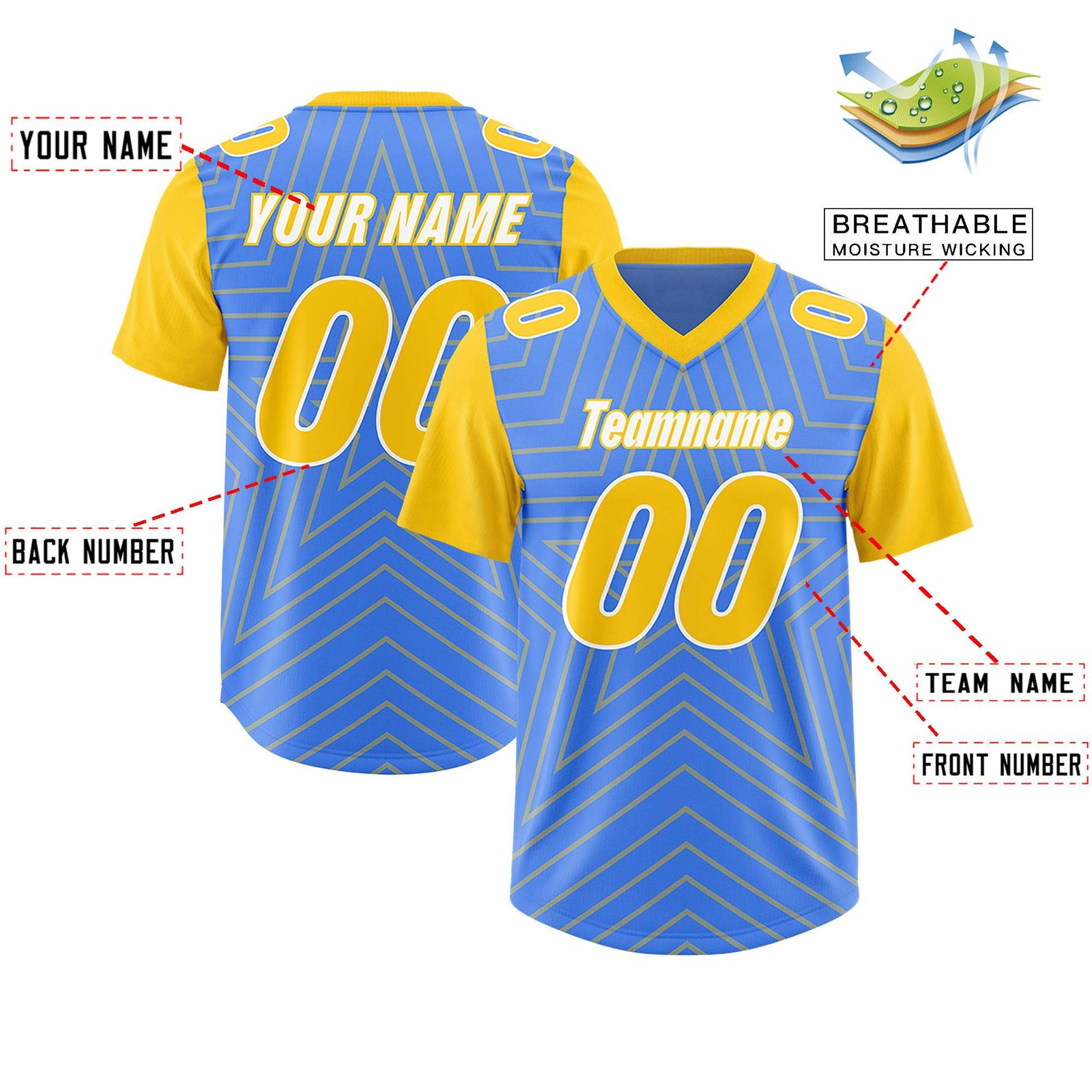 Custom Powder Blue Gold Personalized Star Pattern Raglan Sleeves Authentic Football Jersey