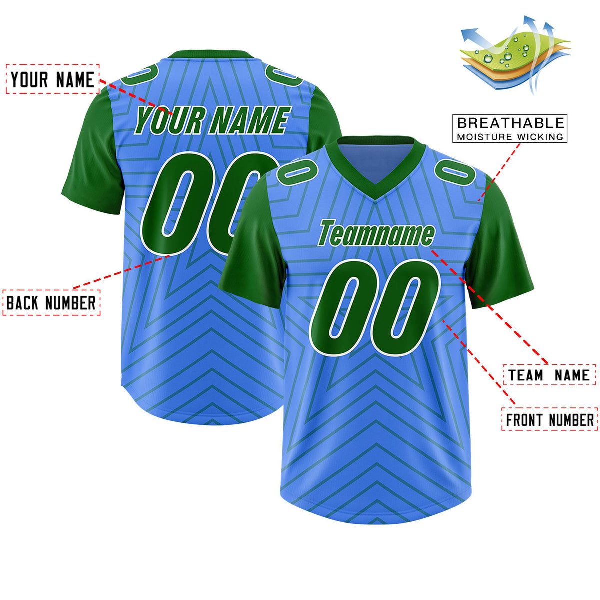 Custom Powder Blue Kelly Green Personalized Star Pattern Raglan Sleeves Authentic Football Jersey