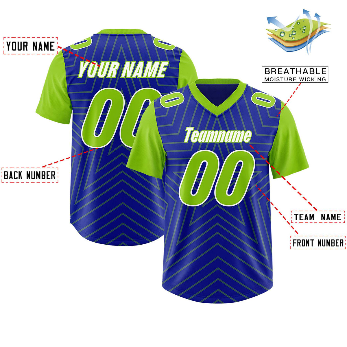 Custom Royal Neon Green Personalized Star Pattern Raglan Sleeves Authentic Football Jersey
