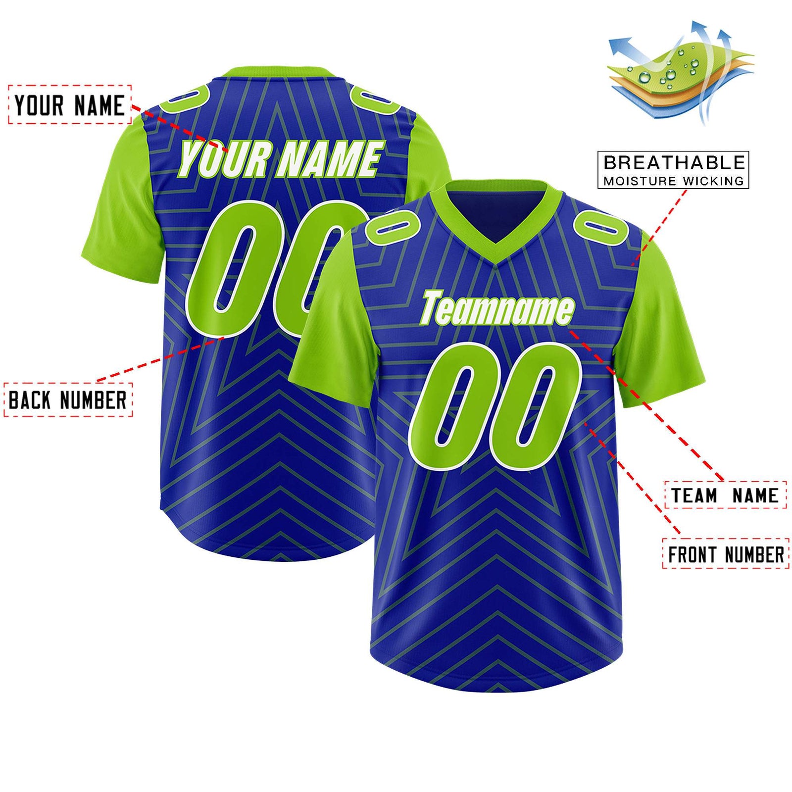 Custom Royal Neon Green Personalized Star Pattern Raglan Sleeves Authentic Football Jersey