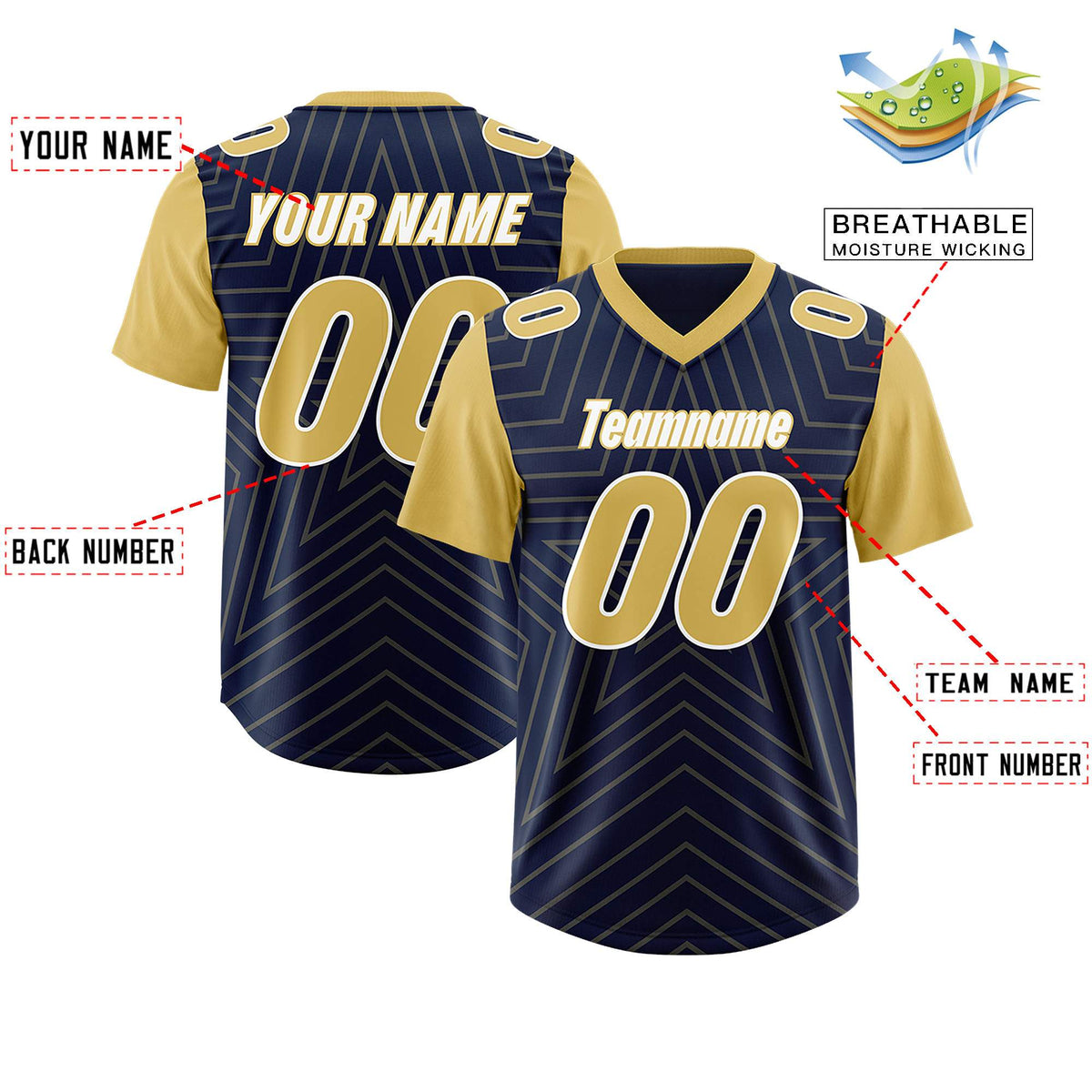 Custom Navy Old Gold Personalized Star Pattern Raglan Sleeves Authentic Football Jersey