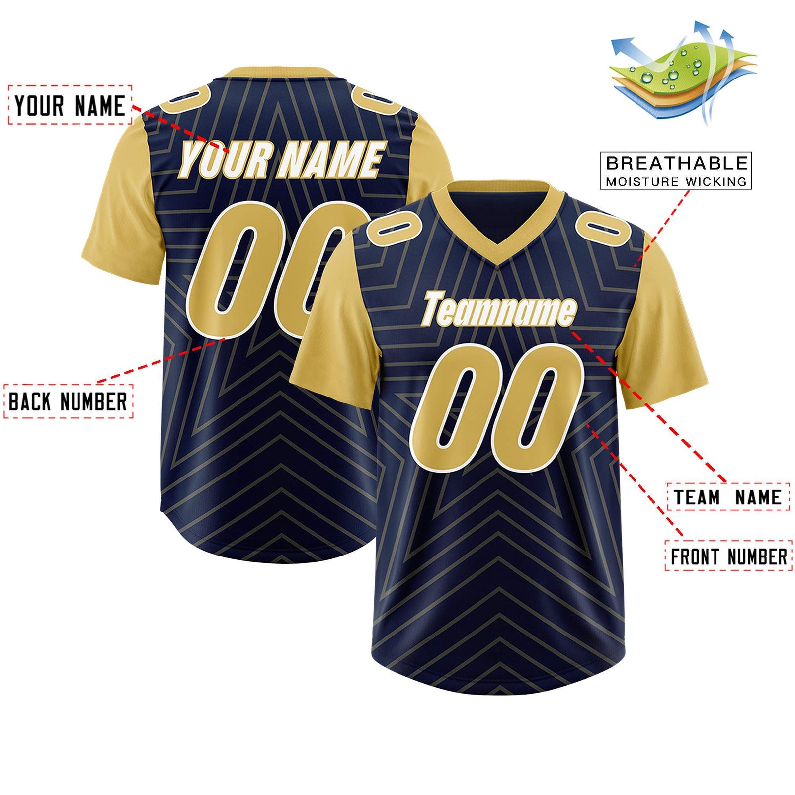 Custom Navy Old Gold Personalized Star Pattern Raglan Sleeves Authentic Football Jersey