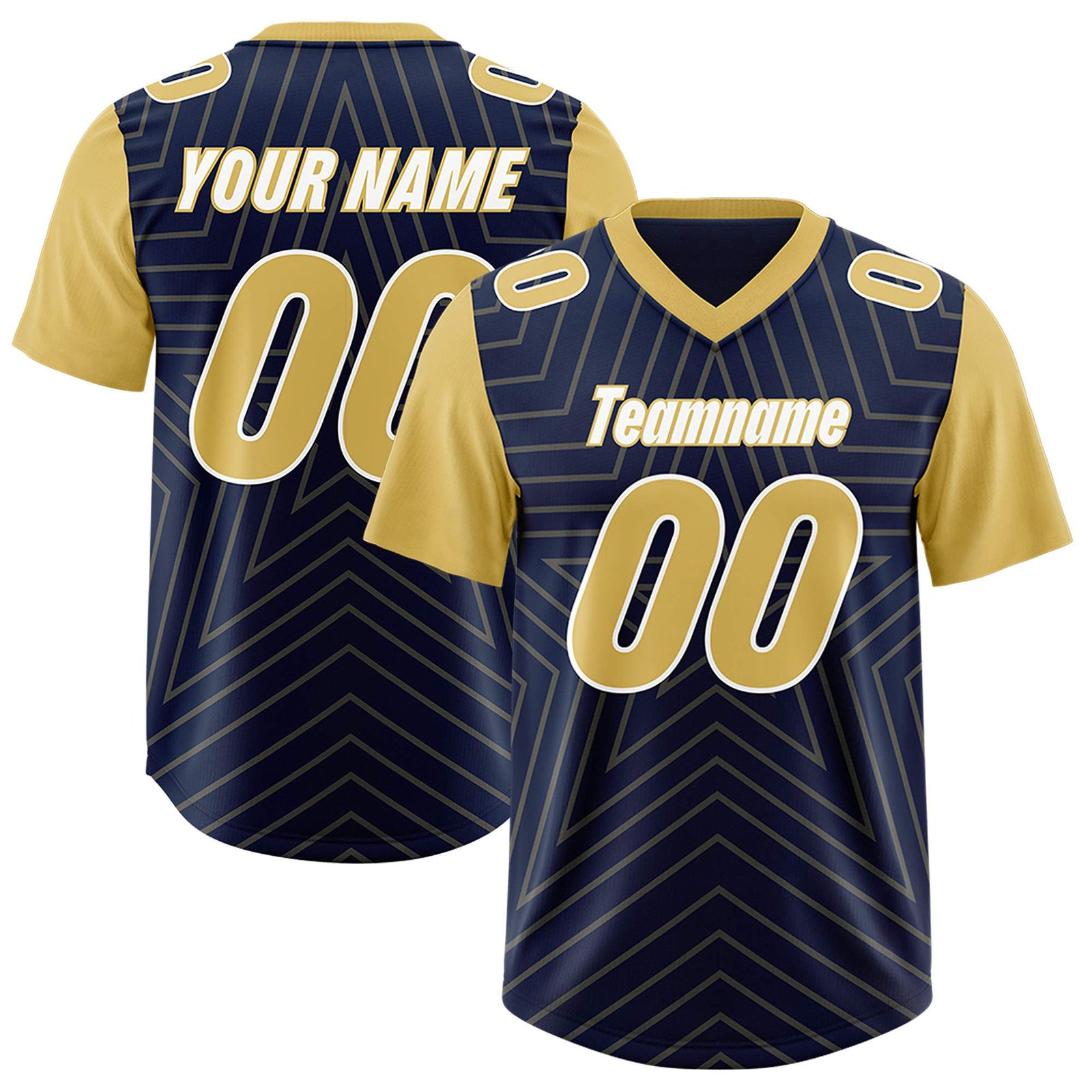 Custom Navy Old Gold Personalized Star Pattern Raglan Sleeves Authentic Football Jersey