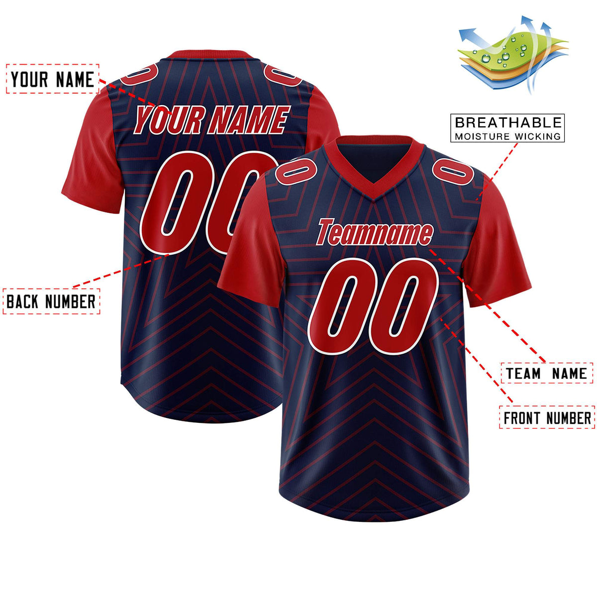 Custom Navy Red Personalized Star Pattern Raglan Sleeves Authentic Football Jersey