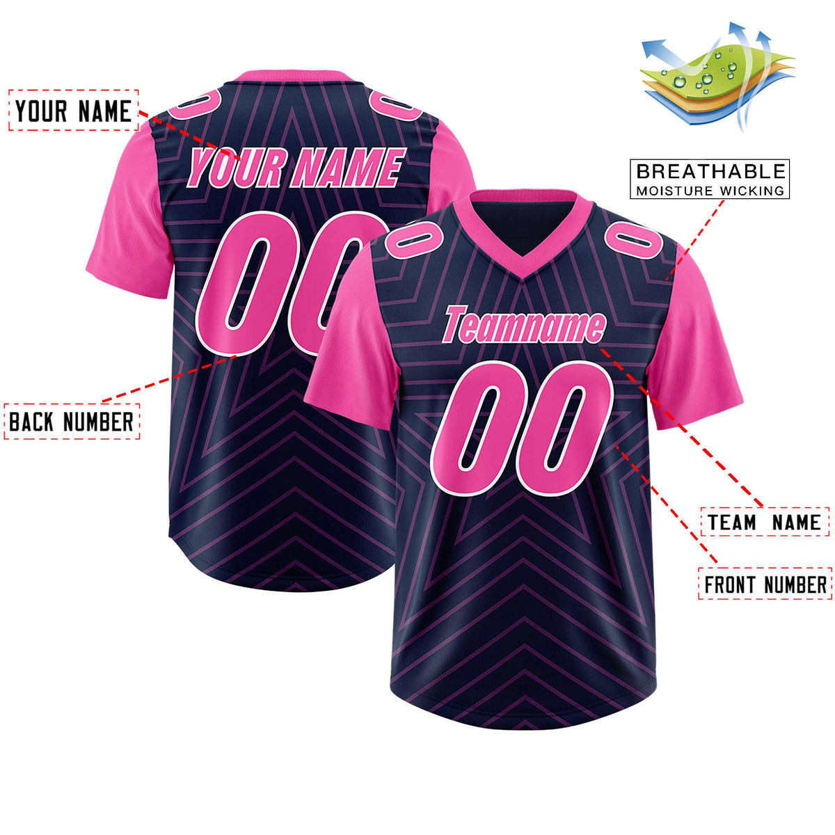 Custom Navy Pink Personalized Star Pattern Raglan Sleeves Authentic Football Jersey