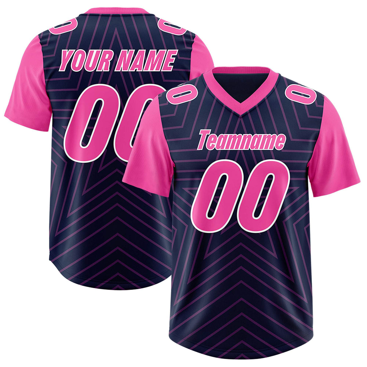 Custom Navy Pink Personalized Star Pattern Raglan Sleeves Authentic Football Jersey